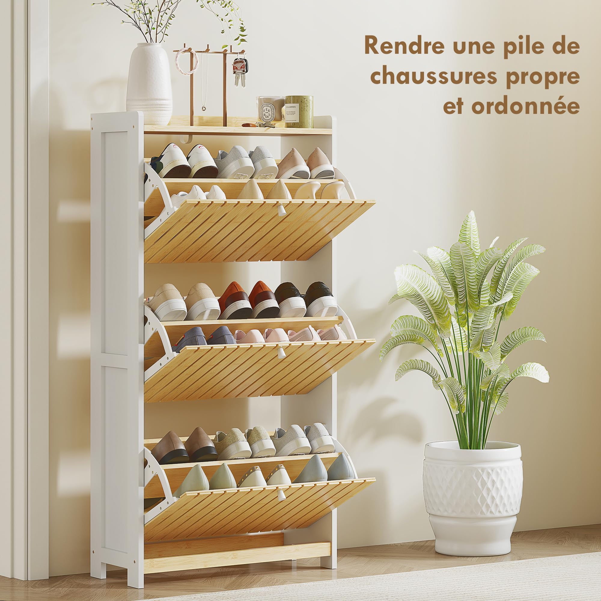 HOMCOM Meuble à Chaussures 18 Paires, 60x24x118cm Blanc et Bois Naturel
