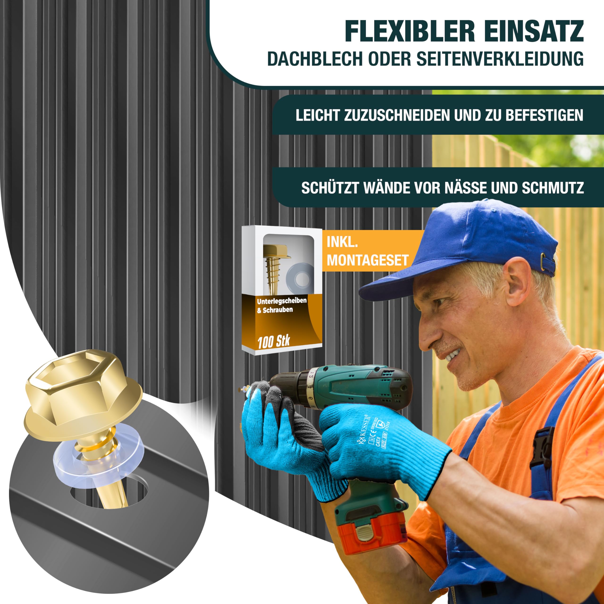 KESSER® 12 Stück Trapezblech Profilblech Set 129x45cm, 7 m² Dachblech verzinkter Stahl 0,25mm, Dachplatten für Gerätehaus, Schuppen & Dach + Schrauben, Unterlegscheiben & Montagehandschuhe, Anthrazit