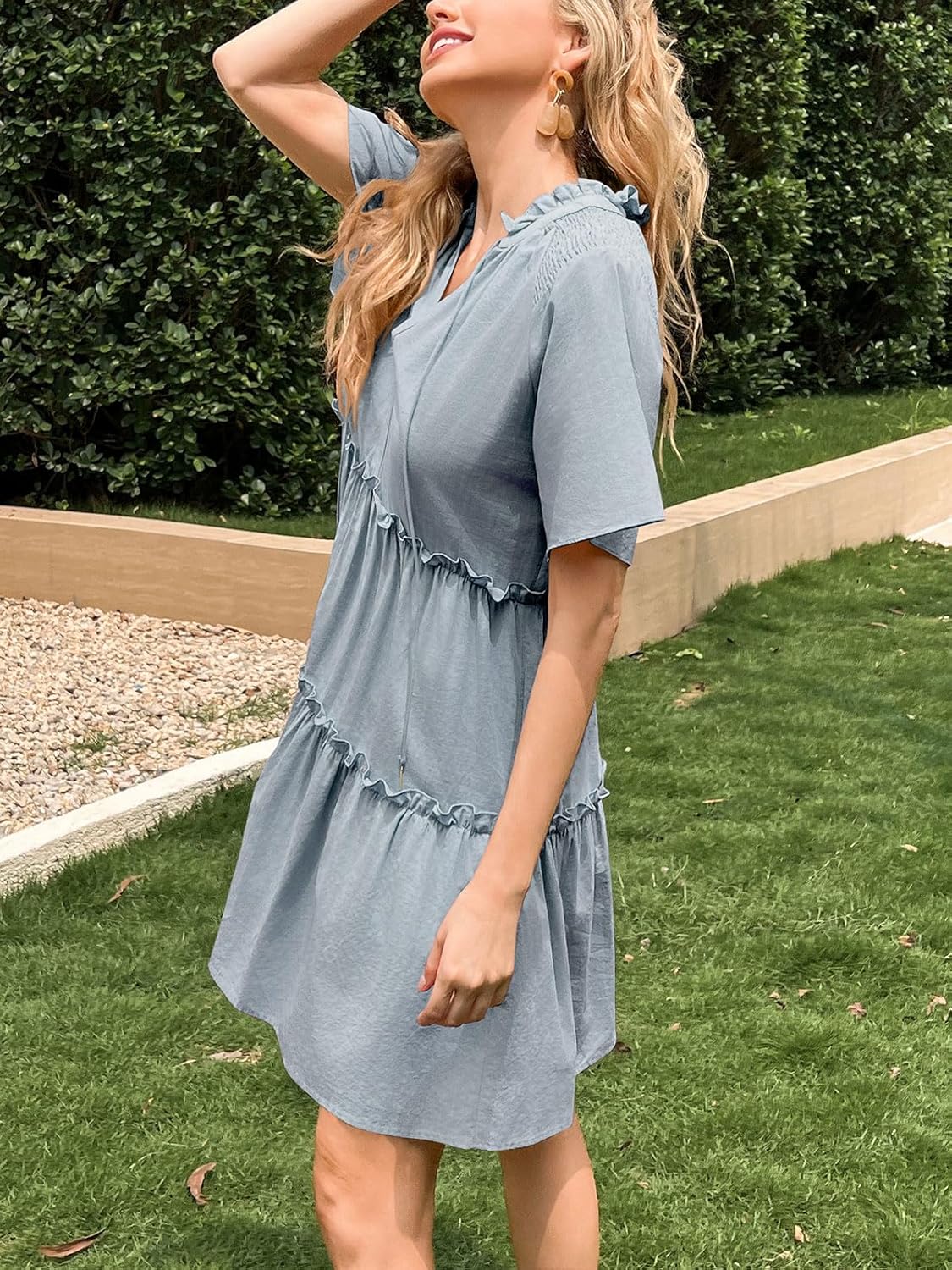 Dellytop Womens Drawstring V Neck Dress Ruffle Tiered Short Sleeve Babydoll Tunic Swing Sundresses - Image 4