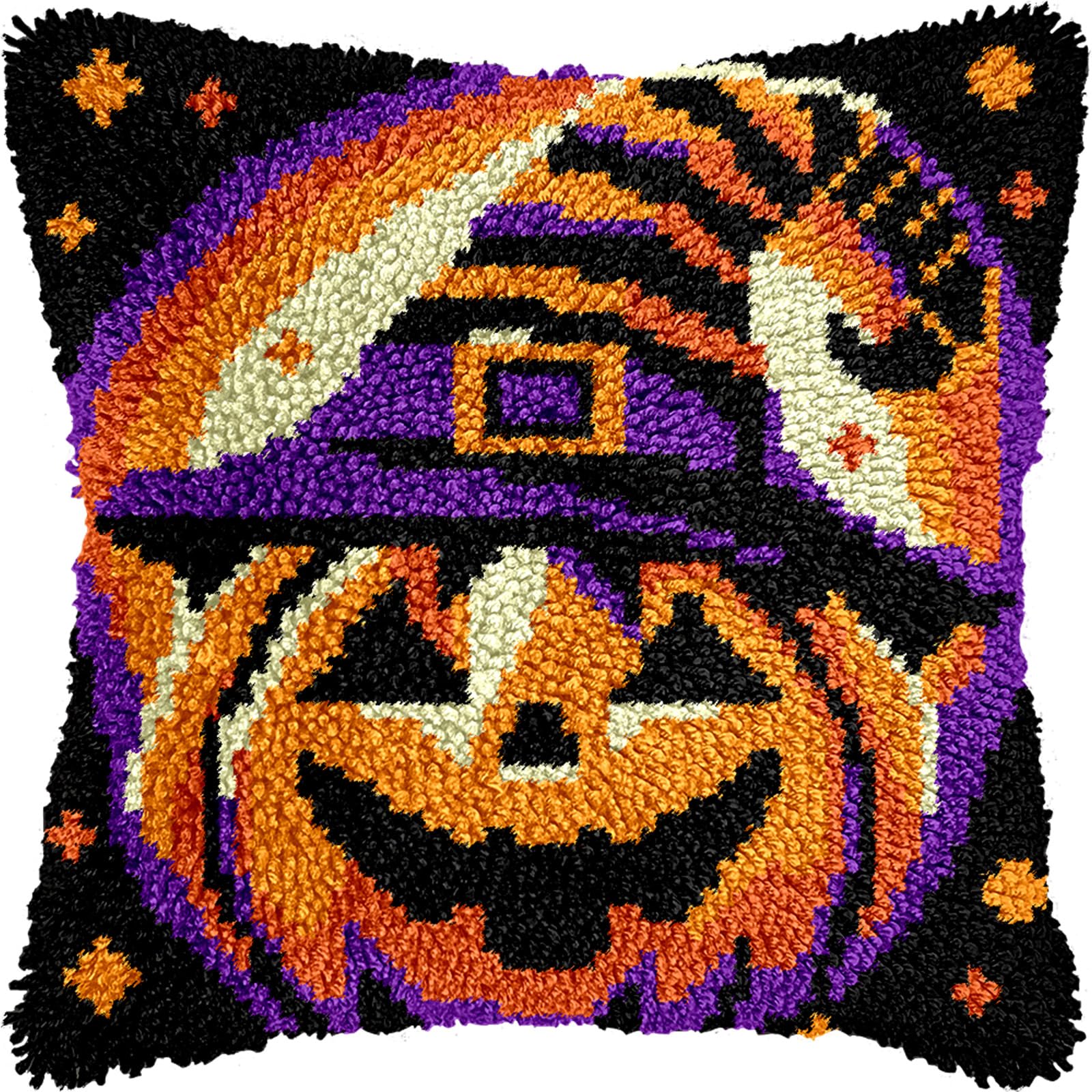 veirousa Halloween Pumpkin Latch Hook Pillow Kits for Adults Beginners, Jack-o-Lantern Pre-Printed Pillowcase Set, DIY Rug Making Kits, Cushion Craft