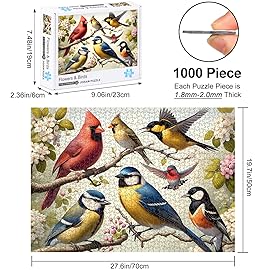 Rocorose 1000 Piece Puzzle for Adults, Colorful Birds and Flowers Puzzle with Exquisite Poster, Challenging Spring Garden Animal Songbirds Cardinals Puzzles Game