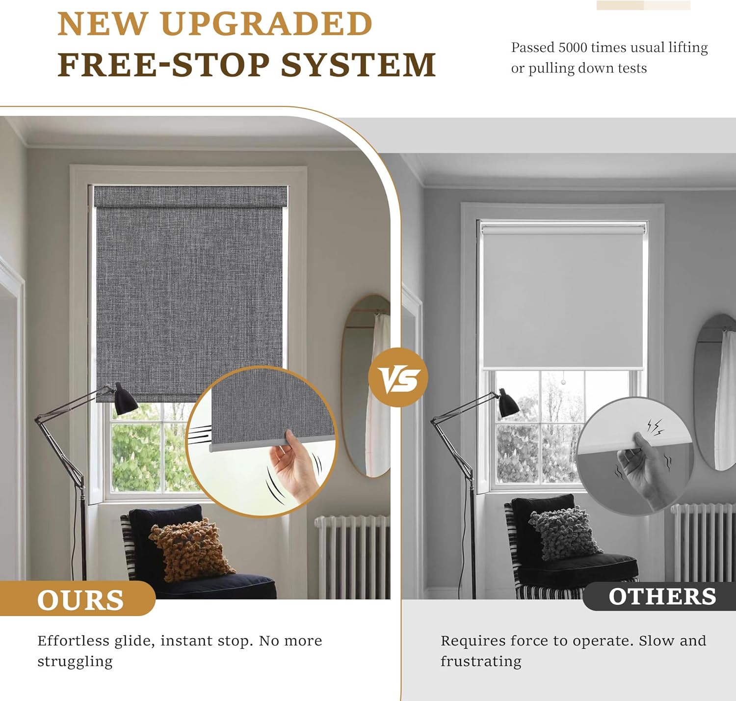 Grandekor Free-Stop Blackout Roller Shades for Windows,Hemp-Dark Gray 23"x72"|100% Blackout Blinds for Indoor, Textured Fabrics Cordless Blinds, UV Protection Shades for Home Office,Living Room