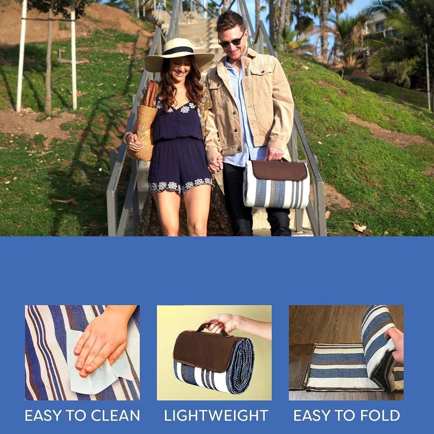 Coperte da Picnic Pieghevoli Impermeabili Anti-Sabbia Extra Large 200cm x 200cm Blu Bianco
