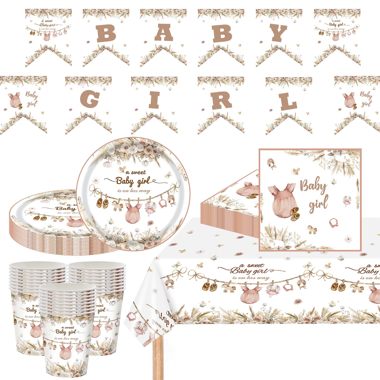 MOMAHUA 63Pcs Baby Shower Party Tableware Set for Girl Complete All in One Pink Decorations Kit with Plates,Napkins,Cups,Tablecloth&Banners for 16 Guests