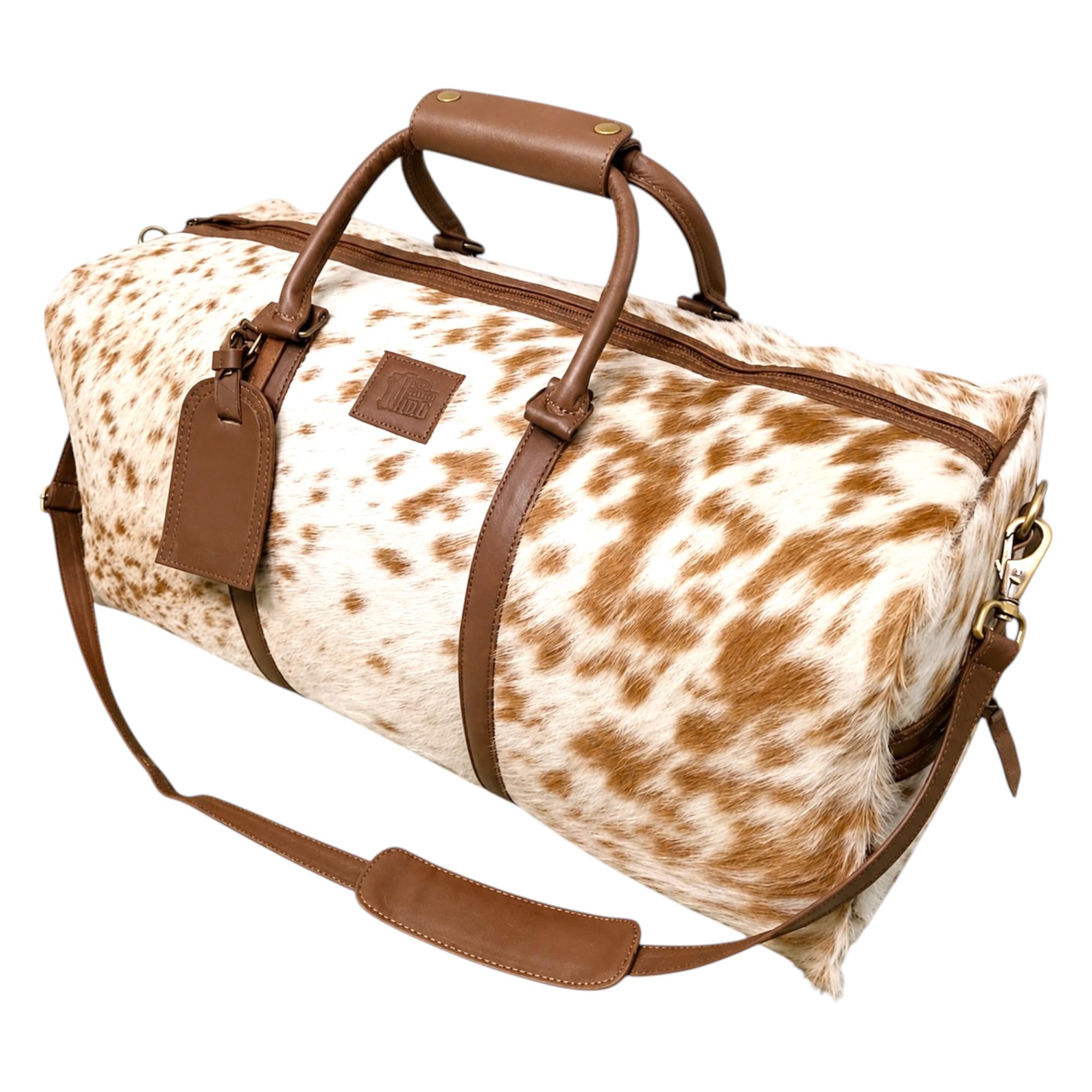 Bolsa de viaje unisex de piel de vacuno auténtica, bolsa de viaje para fin de semana, equipaje de noche de cuero vacuno marrón blanco con correa para el hombro, bolsa de viaje de mano, bolsa de viaje
