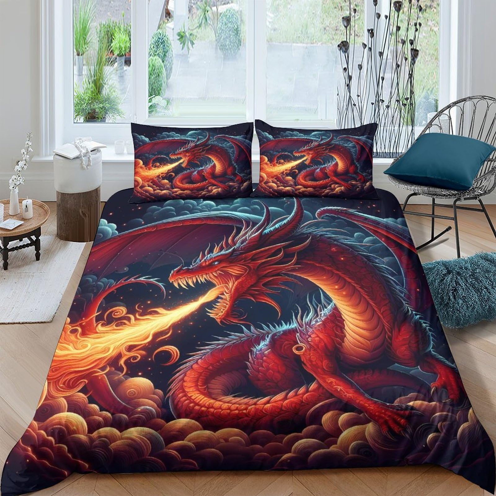Ctjqhvkz Style-6 3D Printed Fire Dragon Fitted Sheet Microfiber Soft Breathable Fantasy Dragon Bed Cover For Bedroom Dorm Decor Single（135X200cm）