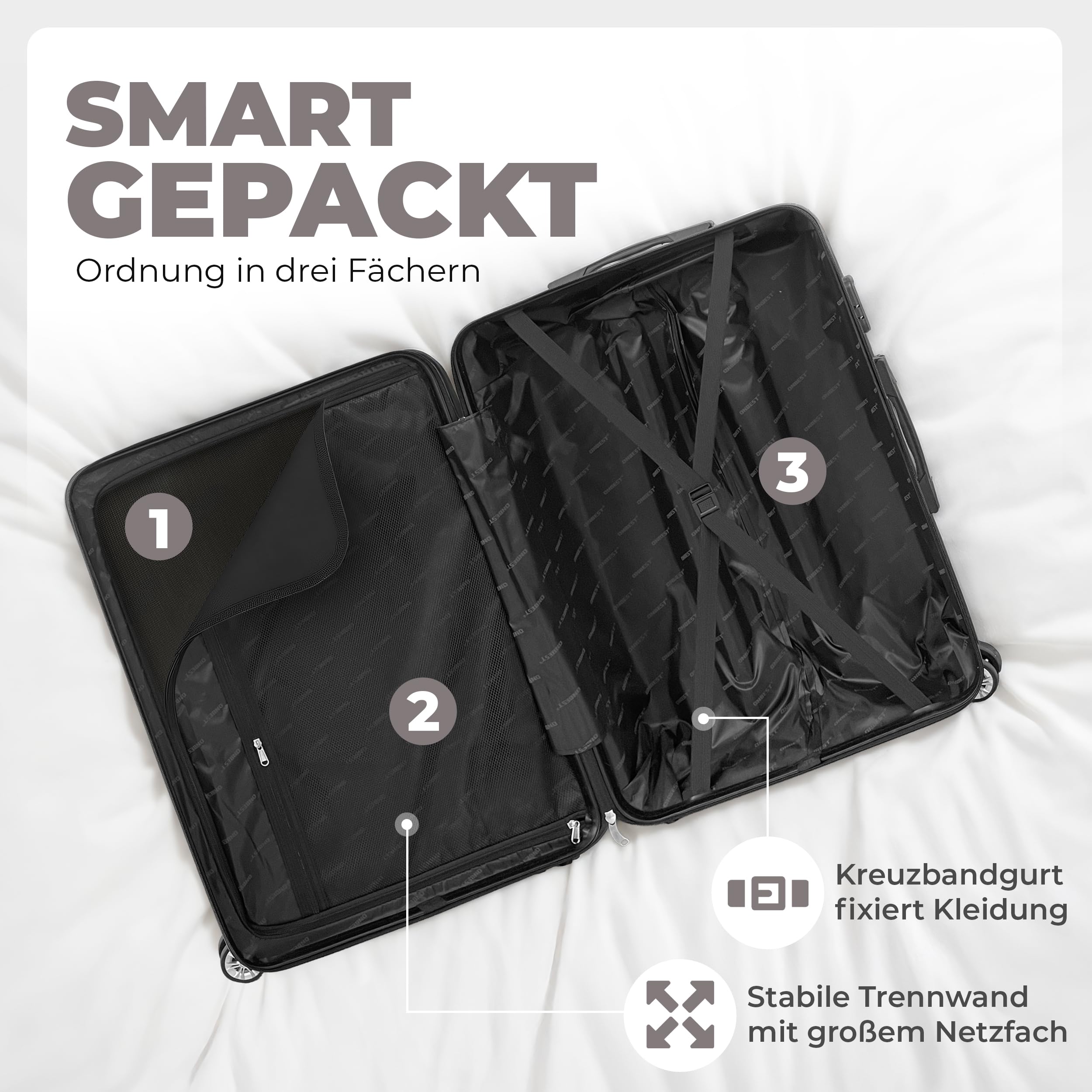 Onbest 3er Kofferset XXL 20/24/28 Zoll Champagner mit Kofferwaage | ABS-Hartschalenkoffer mit Rollen, Reisegepäck-Set aus Reisekoffer, Trolley und Rollkoffer, digitale Waage