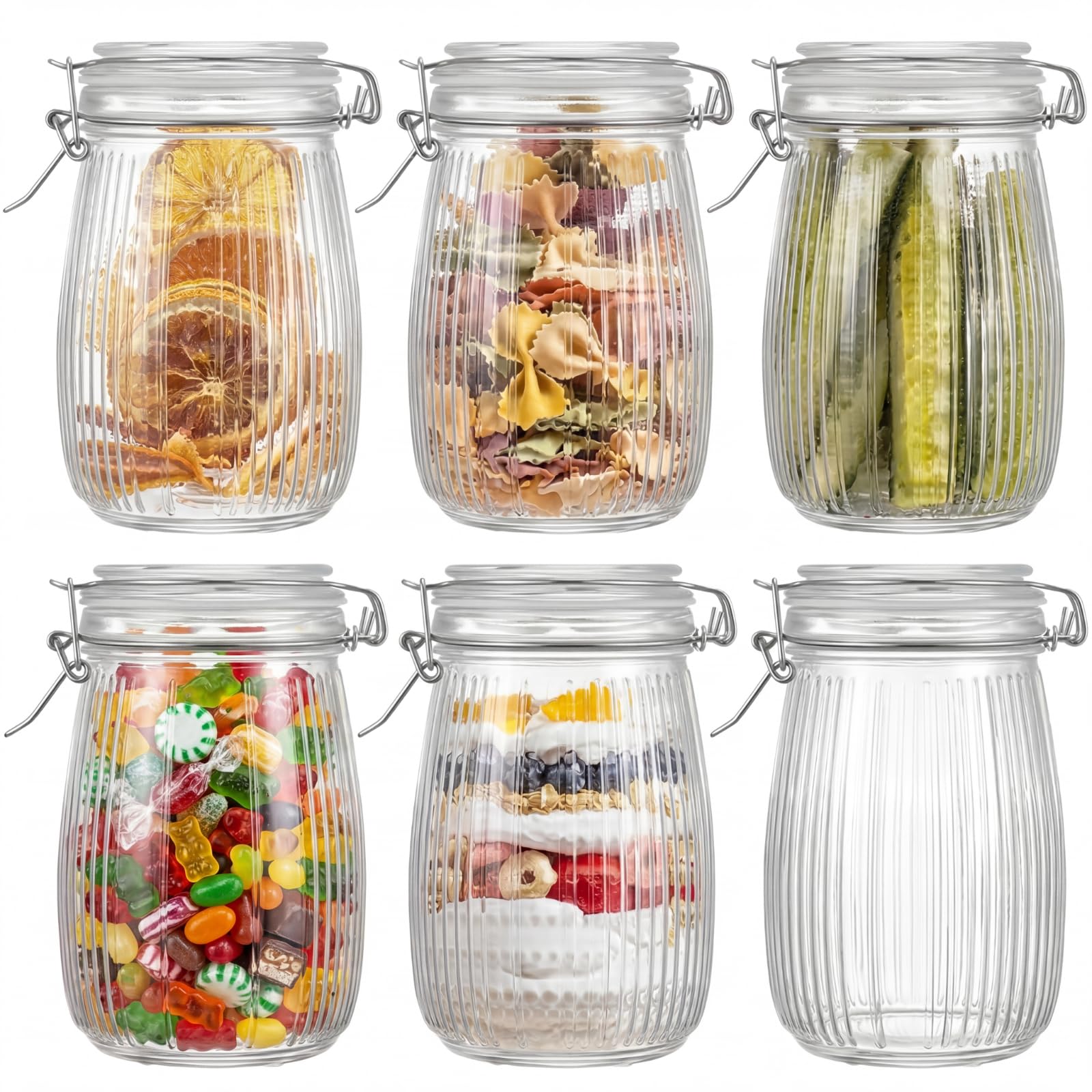 Photo 1 of Acellegic 32 oz Glass Mason Jars with Airtight Lid 6 Pack, Wide Mouth Striped Canning Jars with Clip Top Lids for Kitchen Storage Pickling Snack, Nut, Candy, Salad Jams Coffee Beans