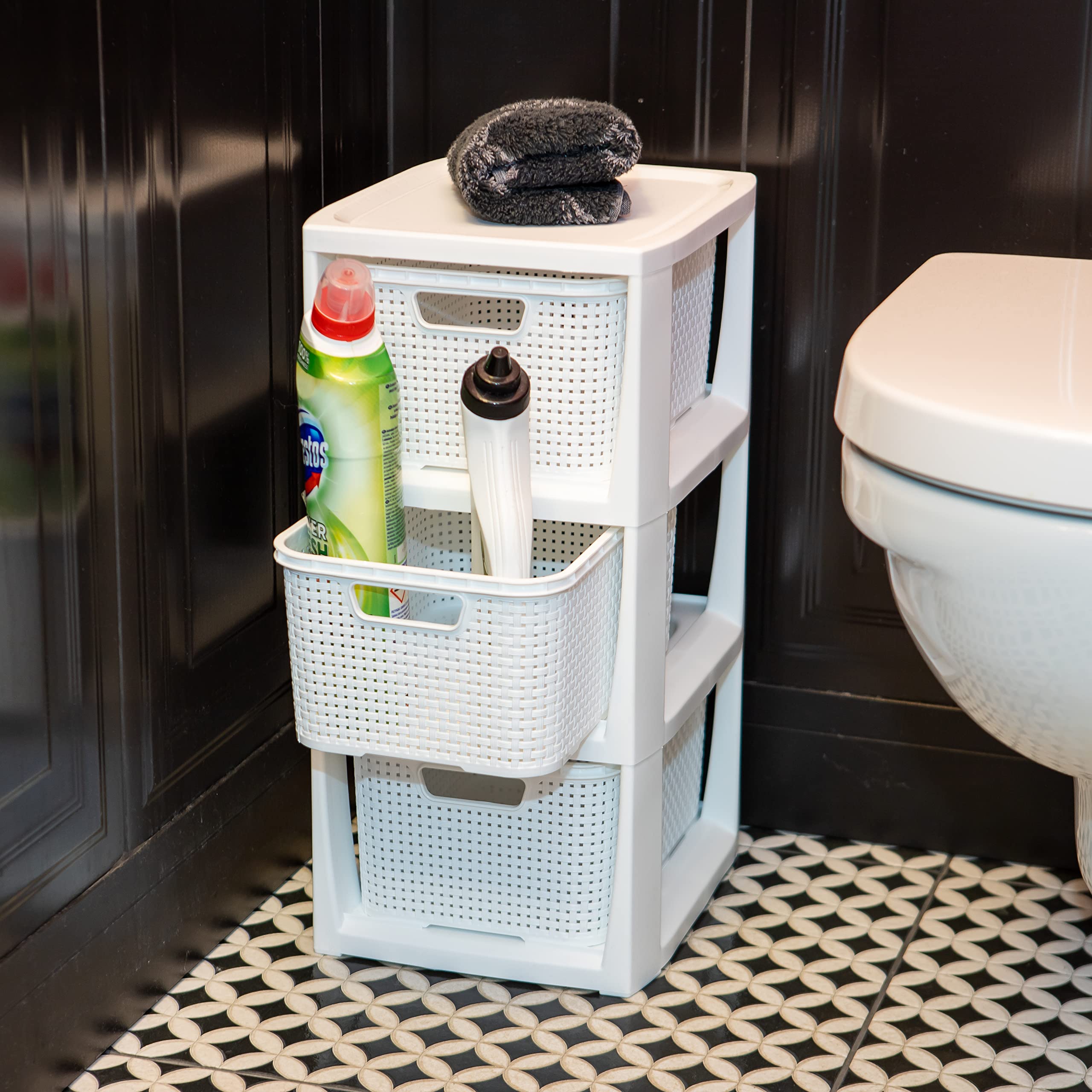 BranQ - Home essential - Estantería en diseño de ratán, plástico polipropileno sin bisfenol A, color blanco, 29,5 x 24 x 48,7 cm, 3 cestas