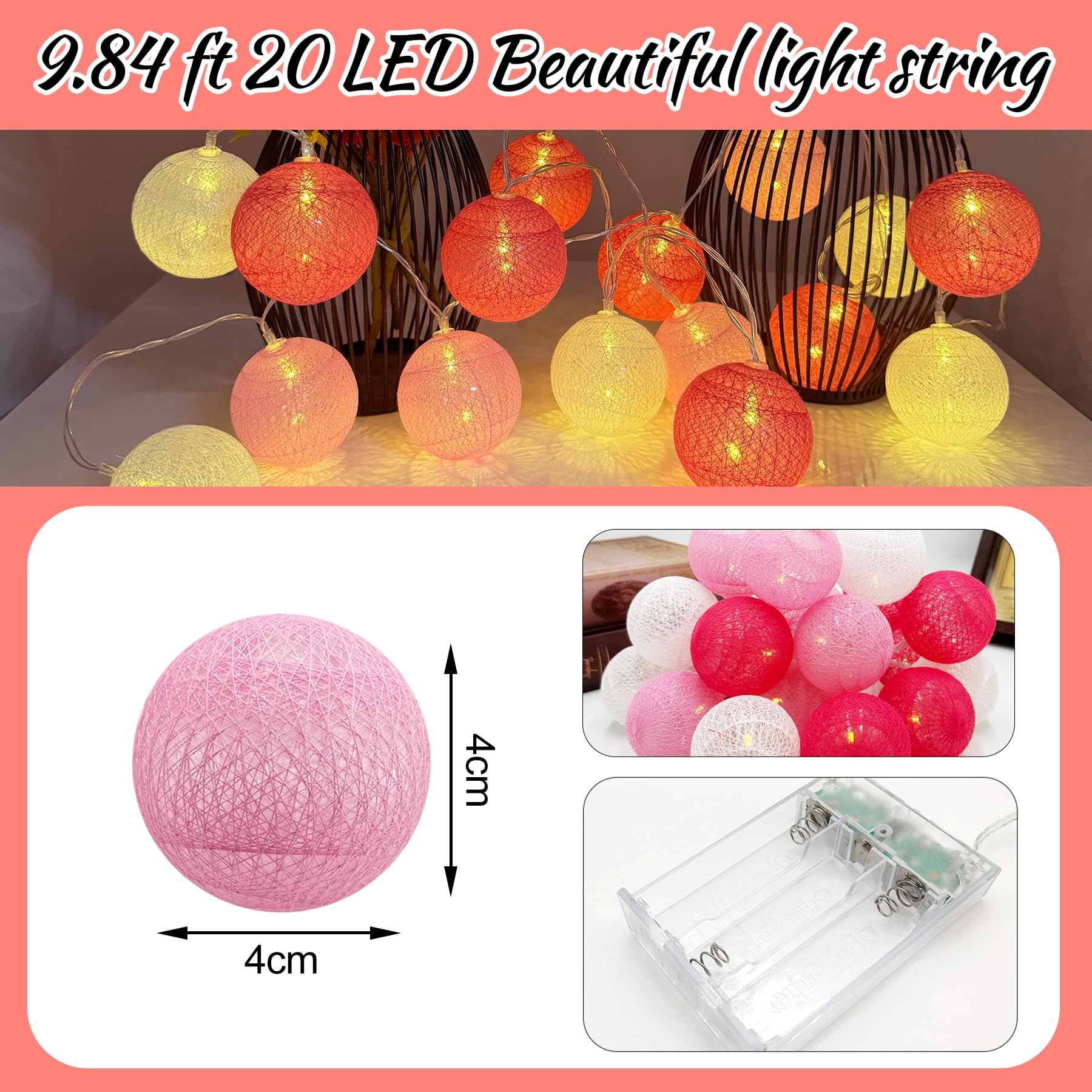 YeahBoom Guirlande Lumineuse Coton Boules Alimenté par Pile,300CM 20LED Guirlande Lumineuse Boule,pour Noël Halloween Anniversaire Mariage Chambre Enfant Fête