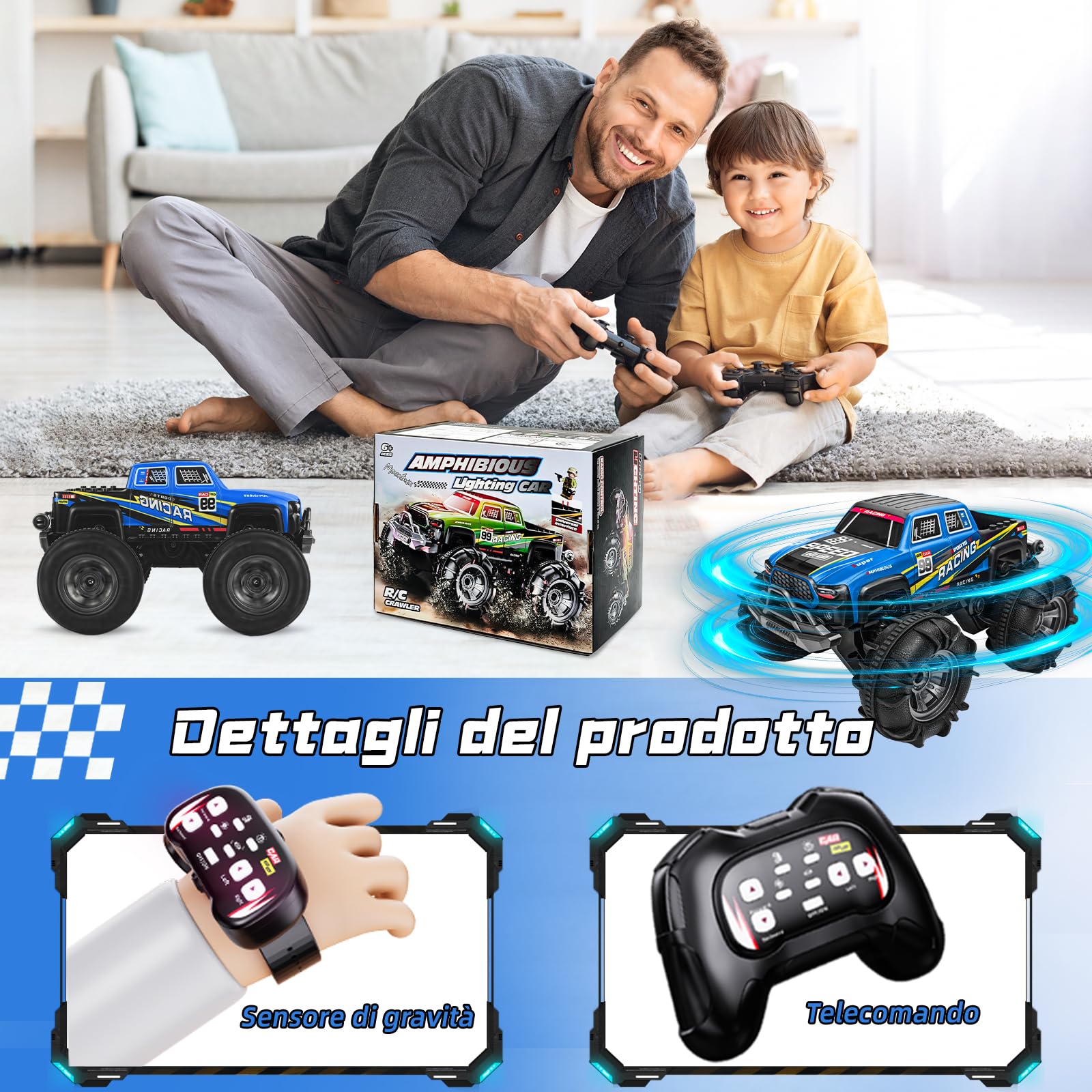 Charmofun Macchina Telecomandata Anfibia 4x4, 2.4GHz 4WD Monster Truck Telecomandato con Luci e 2 Batterie, Impermeabile Macchina Telecomandata per Bambini Regalo di Natale e Compleanno