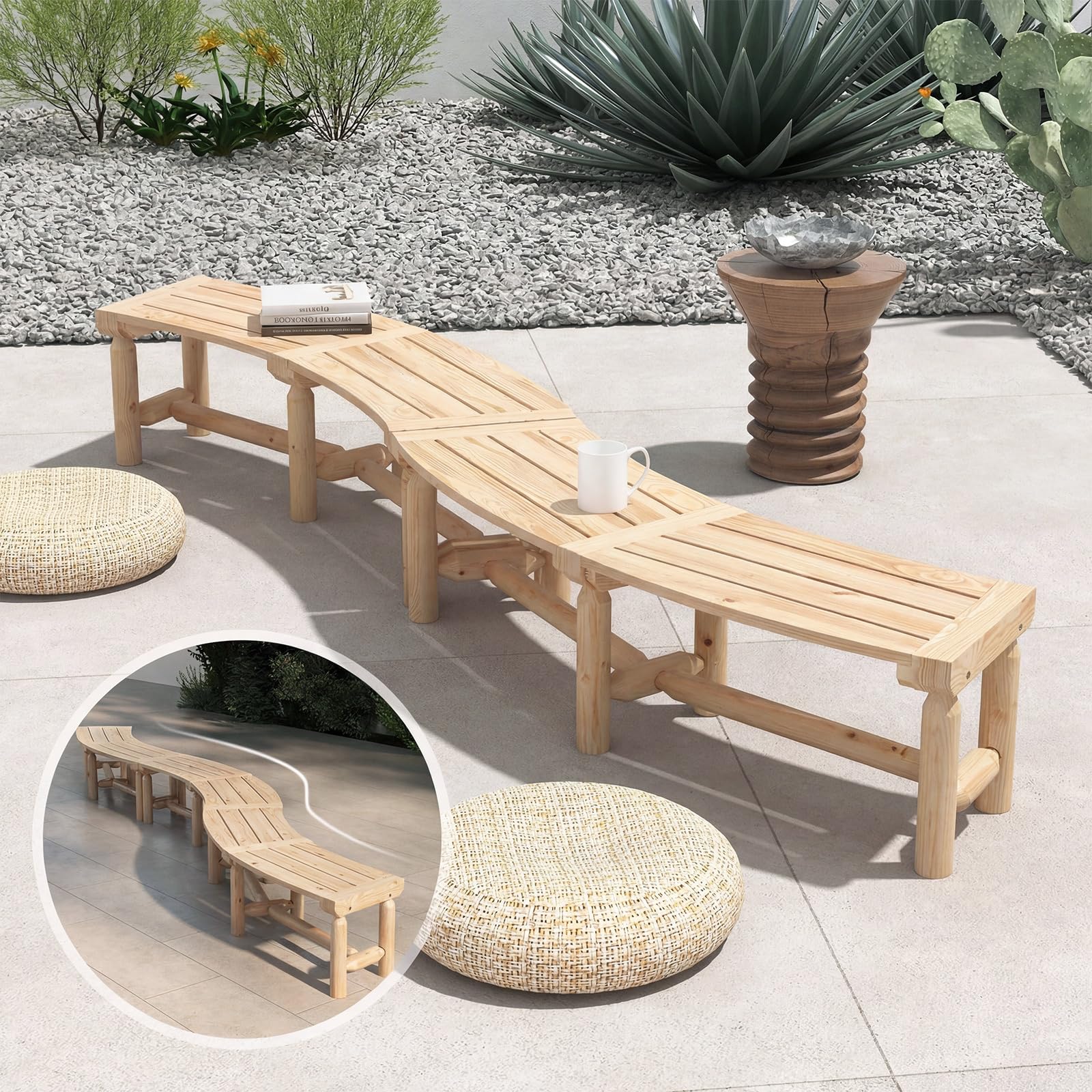 COSTWAY Panchina da Esterno in Legno per 2-3 Persone, Portata 325 kg, Panca Curva con Sedile Ampio e a Doghe, Panchina da Balcone, Giardino e Cortile (Naturale)