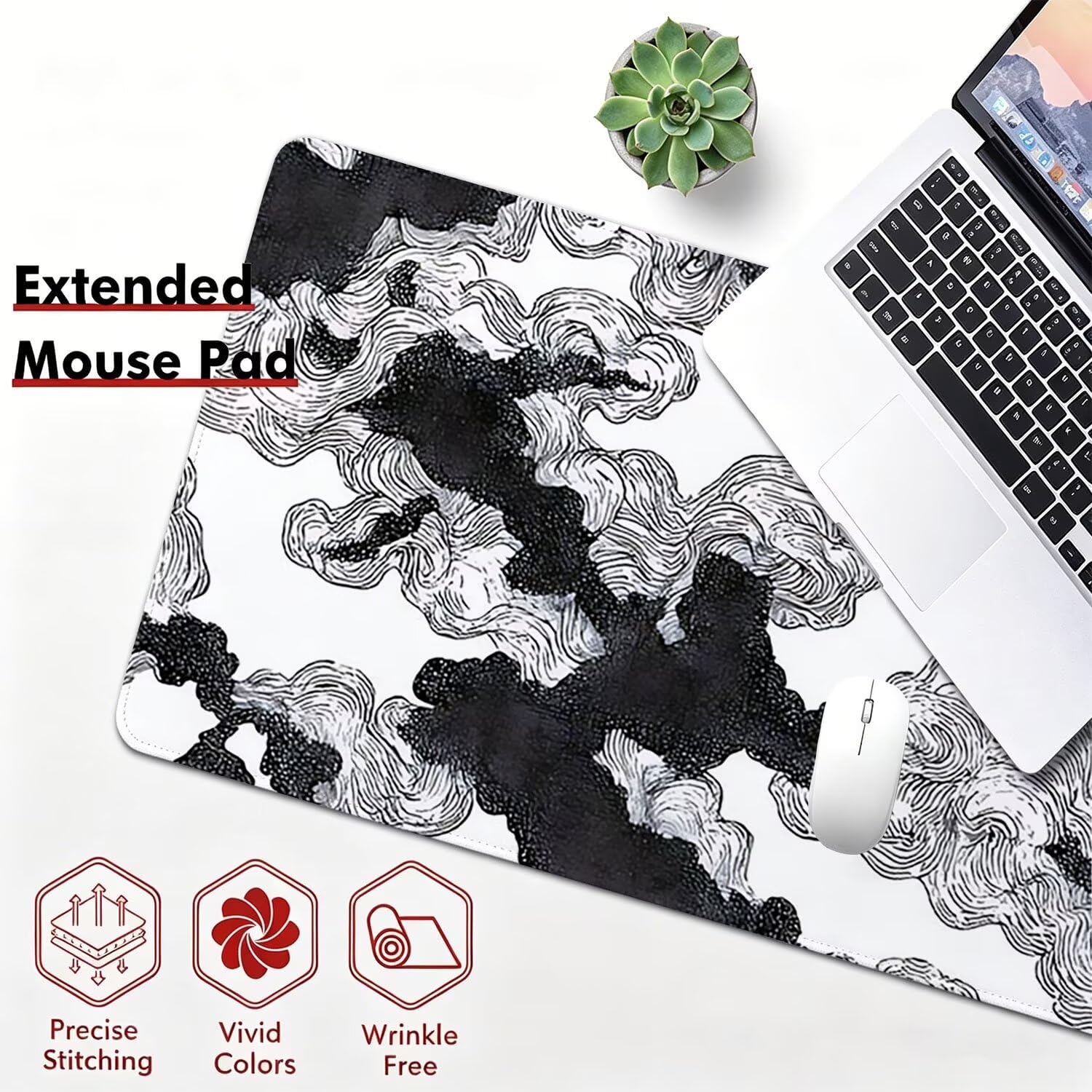 Tappetino Mouse Gaming XXL, 1200x600x4mm bianco nero nuvola 0x0-217 | Tappetino Scrivania con Base in Gomma Antiscivolo Bordi Cuciti per Computer, PC, Migliora la Precisione e la Velocità