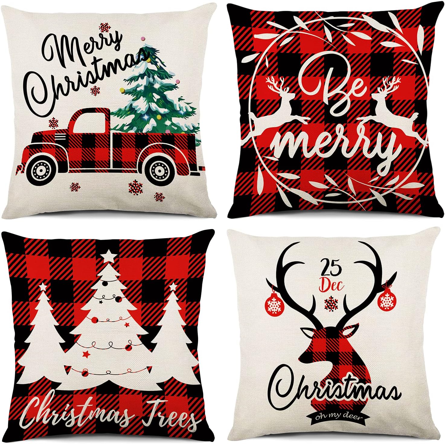 Molili Merry Christmas Pillow Covers 18x18 Set of 4，Black Red Buffalo Plaid Throw Pillow Covers Rustic Linen Decorations Cushion Case for Sofa Bed Outdoor Holiday Home Décor