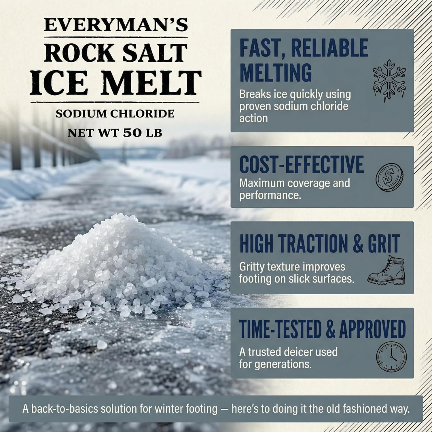 Home and Country USA EveryMan’s Rock Salt Ice Melt – 50 lb Bag, Deicing Salt for Driveways, Sidewalks & Parking Lots