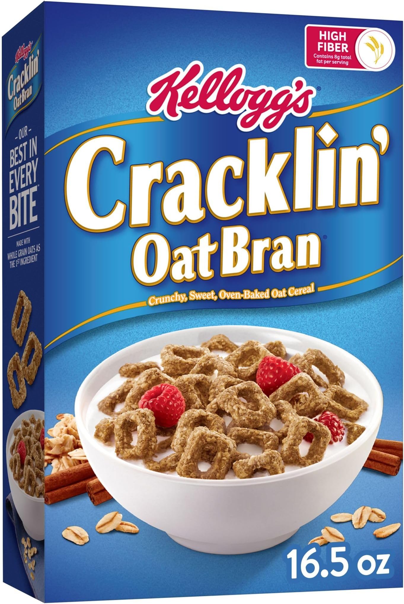 Kellogg's Cracklin' Oat Bran Breakfast Cereal, Fiber Cereal, Family Cereal, Original, 16.5oz Box (1 Box)