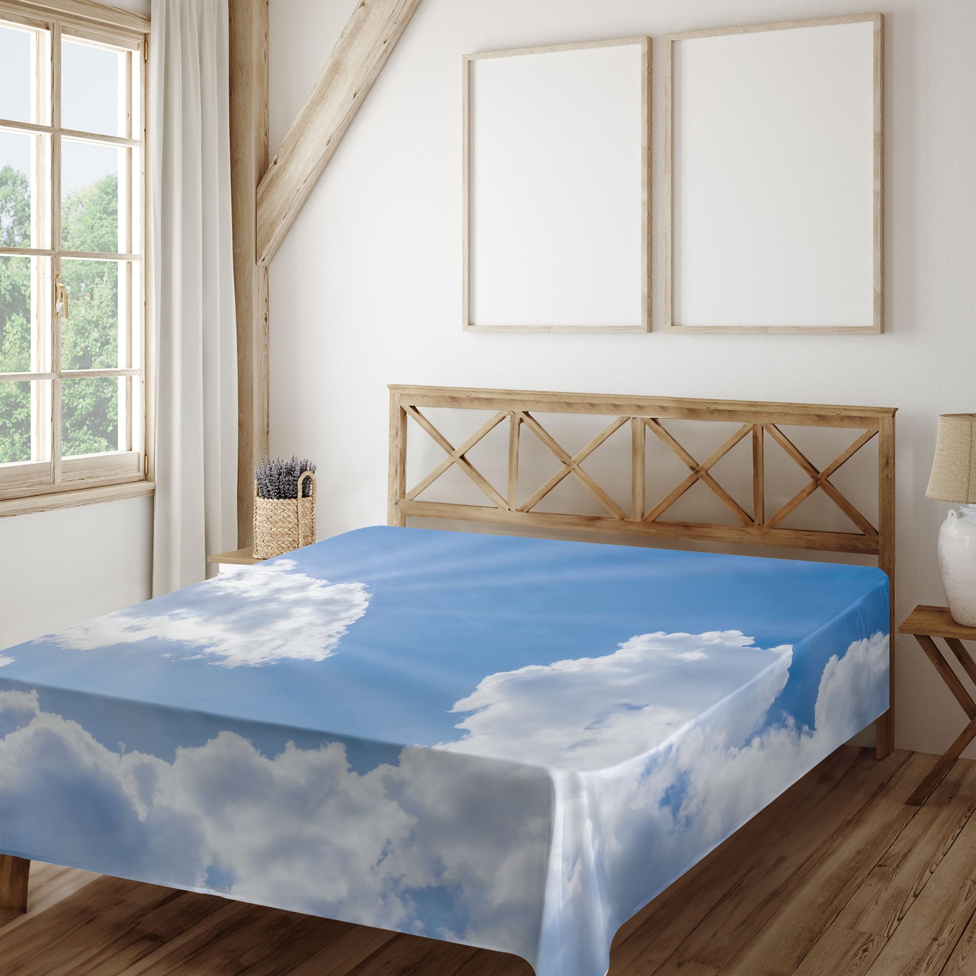 Ambesonne Landscape Flat Sheet, Sun Rays Breaking Through The Clouds Atmosphere Nature Scenery Picture, Soft Comfortable Top Sheet Decorative Bedding 1 Piece, California King, Blue White