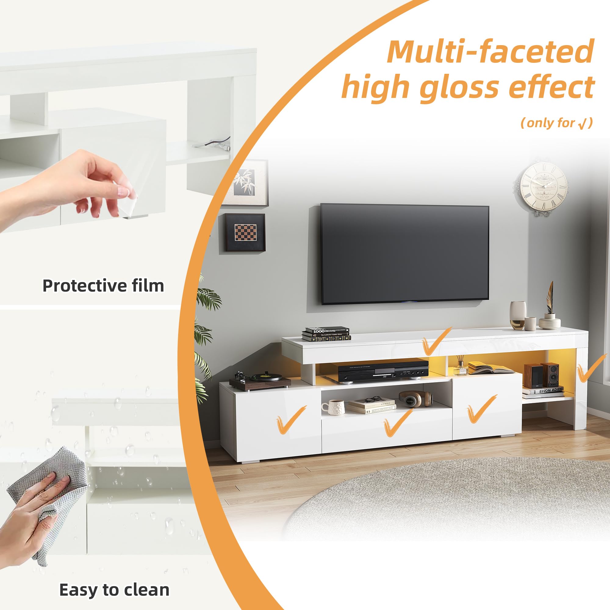 Mueble de TV blanco 192 x 37 x 53 cm, con tres compartimentos, iluminación LED, base y soporte de TV brillantes, estante de TV y mueble, apto para televisores de hasta aproximadamente 85
