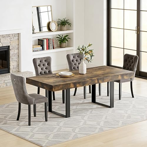 Miniatura 15 de Goujxcy Juego de mesa de comedor extensible de 7 piezas para 6, 63-78 pulgadas, juego de mesa de cocina marrón rústico con 6 sillas grises copetudas