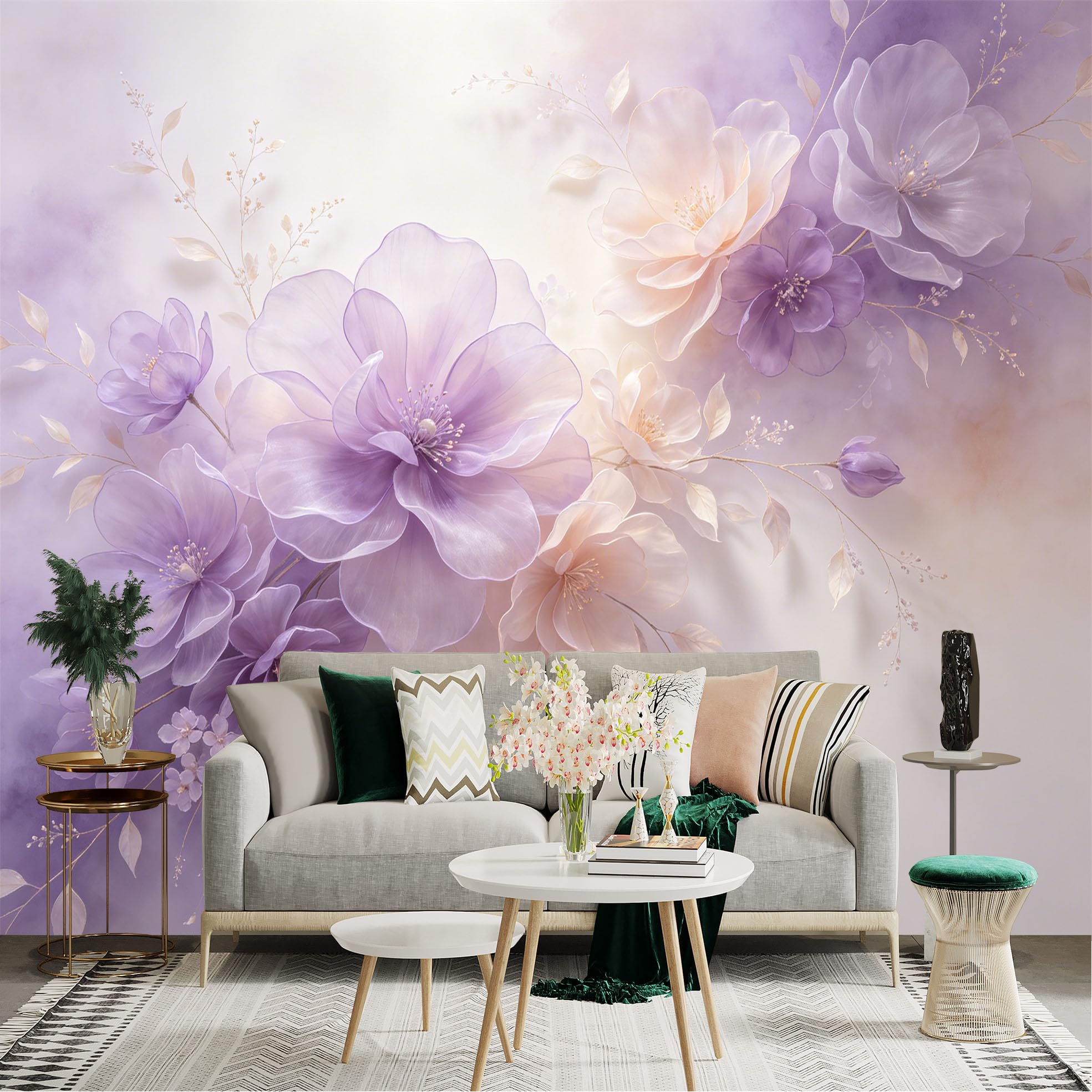 Lnzczhyre Dbh260521851 Custom Size Wall Sticker Mural， Ethereal Purple Floral Art， Soft Watercolor Blooms， Elegant Botanical Illustration， Dreamy Pastel Flowers， For Wall Decoration， Peelandstick Wall Decals.