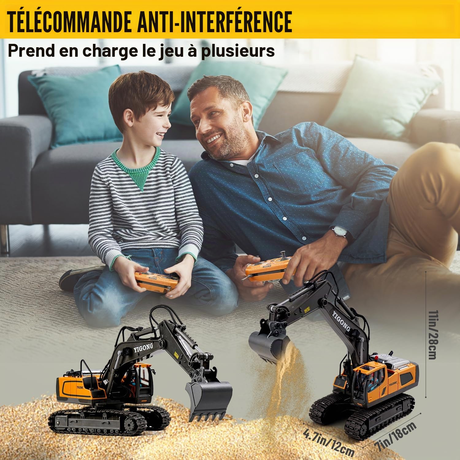 Excavatrice télécommandée à partir de 6 Ans, Jouet d'excavatrice RC Pelle en métal, Rotation à 680 °, lumière et Effets sonores, Jouet Digger Enfants 7 8 9 10 11 12 Ans