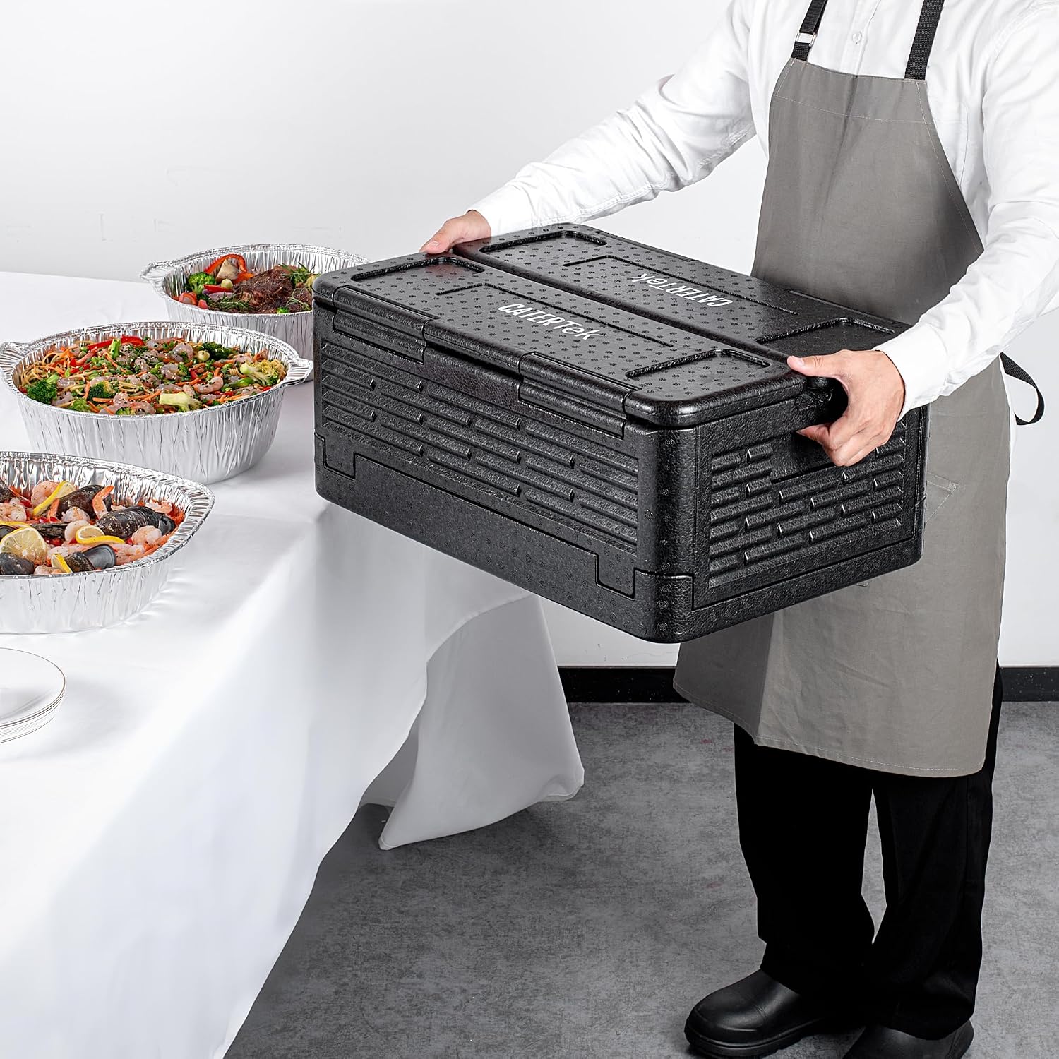 Restaurantware-Cater Tek 42 Quart Catering Hot Box, 1 Top Load Insulated Food Pan Carrier - Holds 1 Full Size 8” Deep Pan, Collapsible, Black EPP Plastic Food Box With Handles, Portable, For Buffet