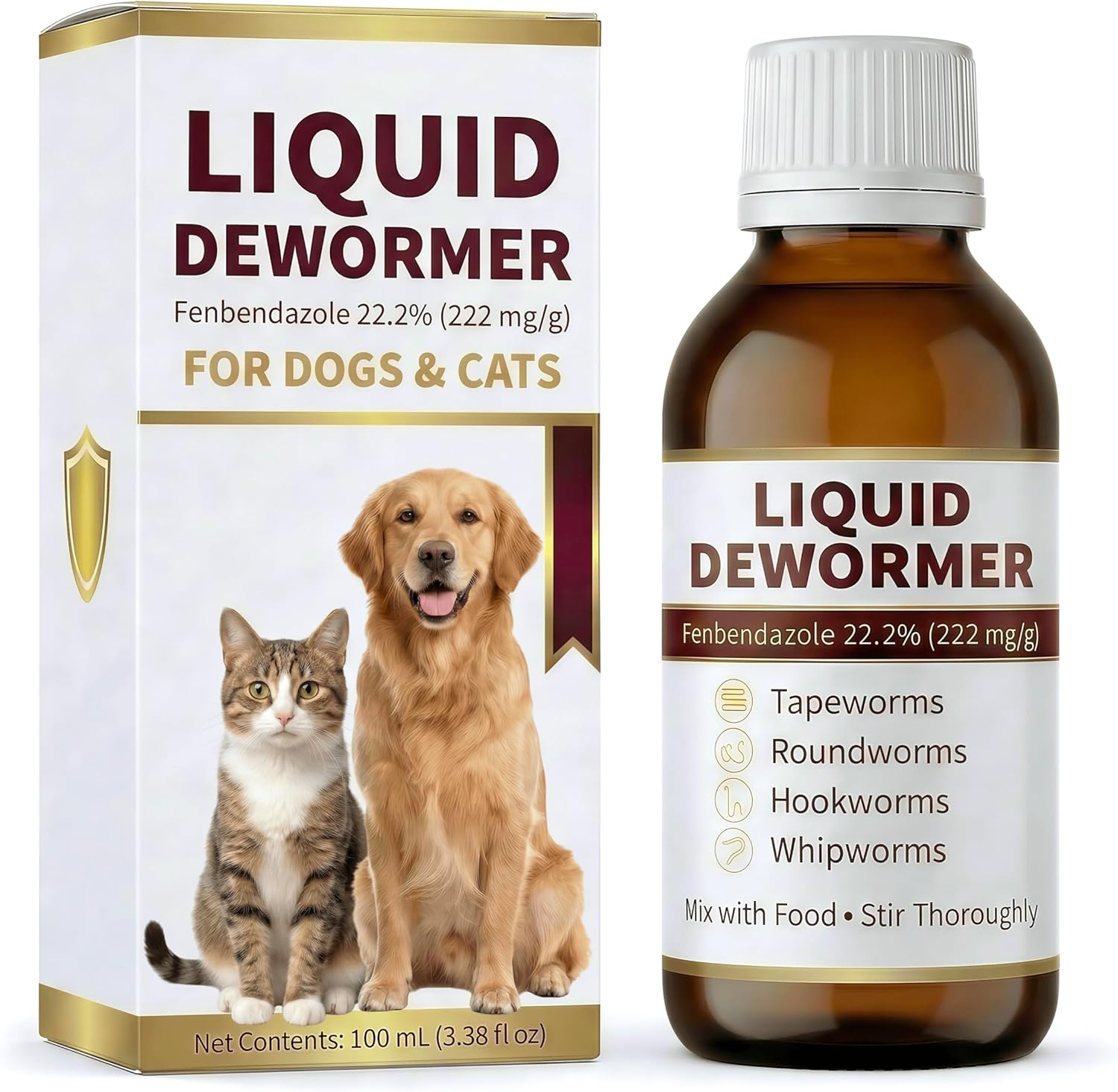 Liquid Dewormer for Cats and Dogs - Fenbendazole 22.2% Cat Dewormer & Dog Dewormer - Targets Tapeworms, Roundworms, Hookworms, Whipworms - Broad Spectrum Worm Medicine - 100mL
