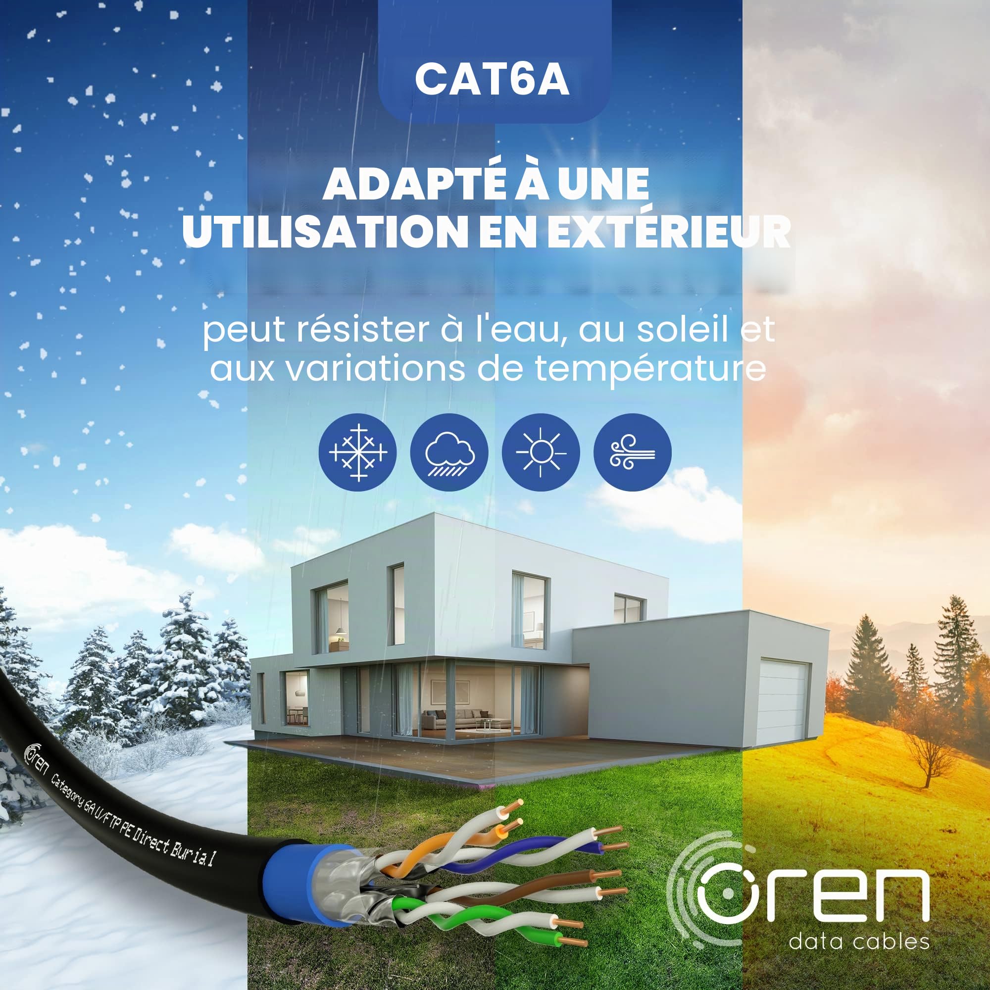 Oren CAT6A 50m Câble Ethernet Extérieur - Enfouissement Direct - Câble en Cuivre Pur 23 AWG - Bande passante 500 MHz - Câble réseau LAN Internet U/FTP, sans halogène, sans corrosion - 10GbE