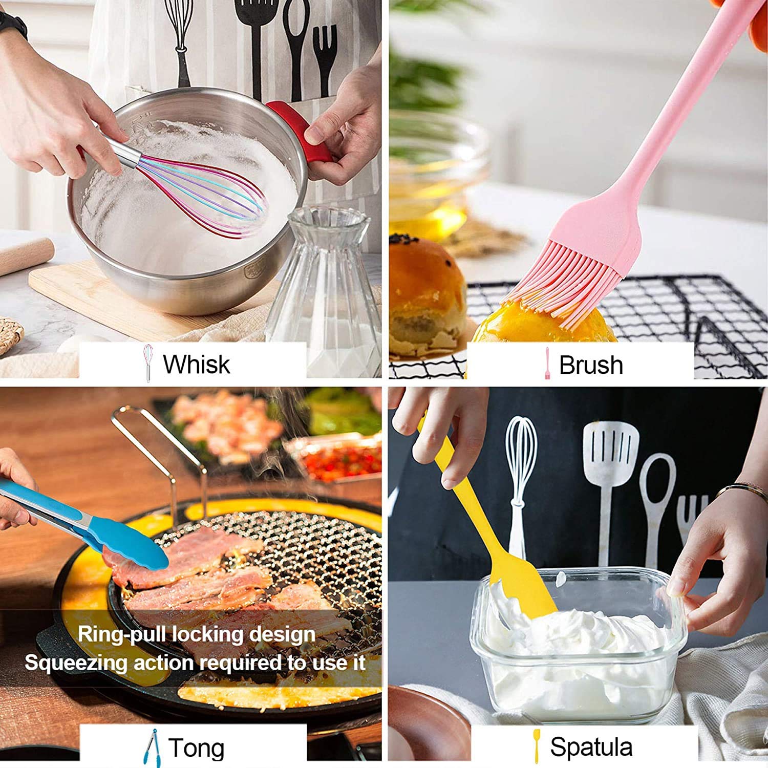 Silikon-Küchenzubehör, Küchenutensilien-Set, antihaftbeschichtet, hitzebeständig, BPA-frei, ungiftige Werkzeuge, Pfannenwender, Zange, Schöpflöffel, Schneebesen, spülmaschinenfest, bunt,
