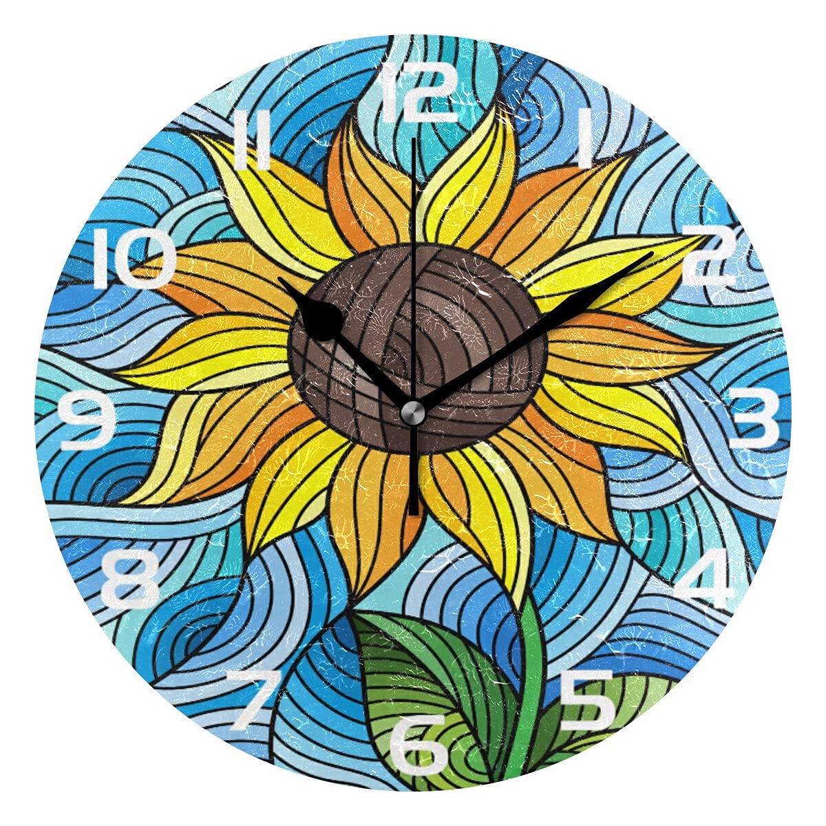 Lsjuee 10In Wall Clock,Pretty Sunflower Stained Glass Style Silent Non Ticking Battery Operated Accurate Home Clock,Wall Decor for The Kitchen,Living Room,Bedroom,Office