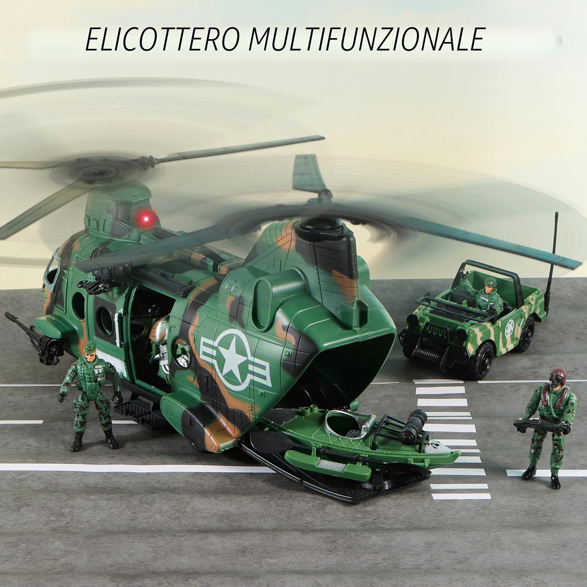 JOYIN 10-in-1 Jumbo Giocattolo Elicottero da Trasporto Militare Set Compreso Elicottero con Luci e Suoni Realistici, Camion Militare, Barca Kayak, Moto, Action Figure