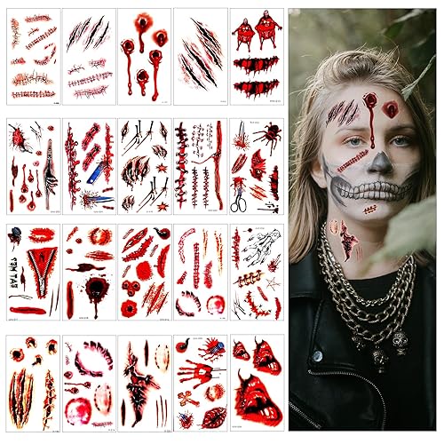 Sibba Calcomanías temporales de tatuaje, 20 piezas de maquillaje de Halloween, disfraz de sombras faciales, accesorios de susto, heridas realistas