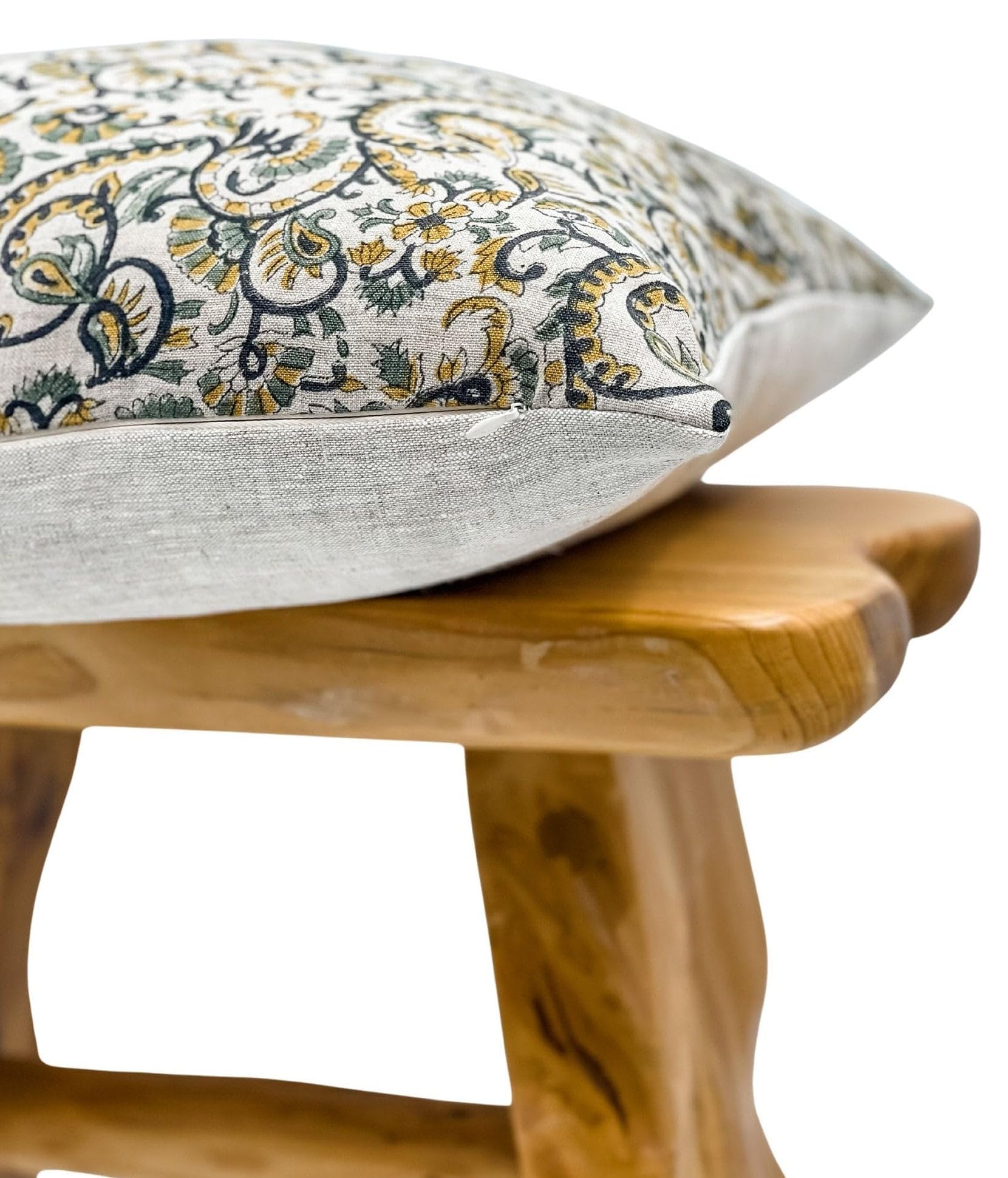 Krinto Black, Olive and Yellow Floral Design on Natural Linen Pillow Cover, Black, Green and Yellow Pillow Cover, Farmhouse Pillow, Floral Pillow (Olive Green and Mustard, 14