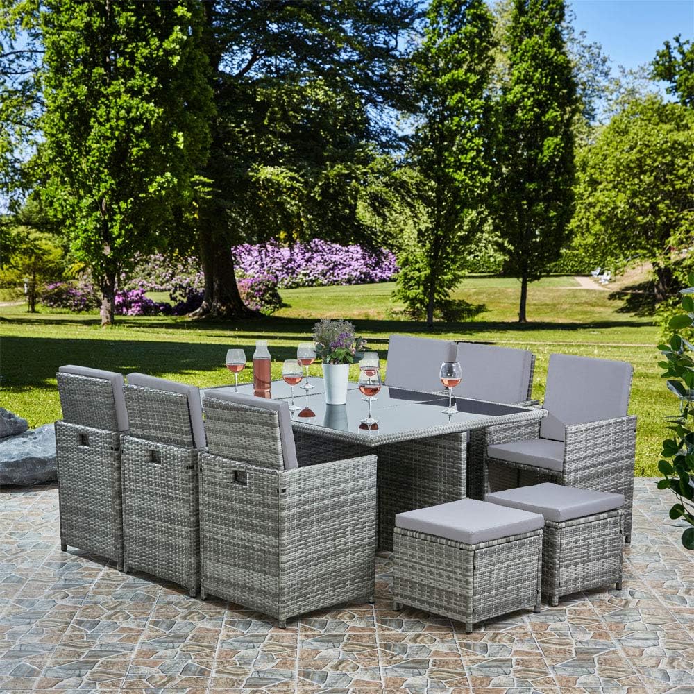 RayGar Deluxe 11 Piece 10 Seater Rattan Cube Dining Table Garden Furniture Patio Set (Grey/Grey)