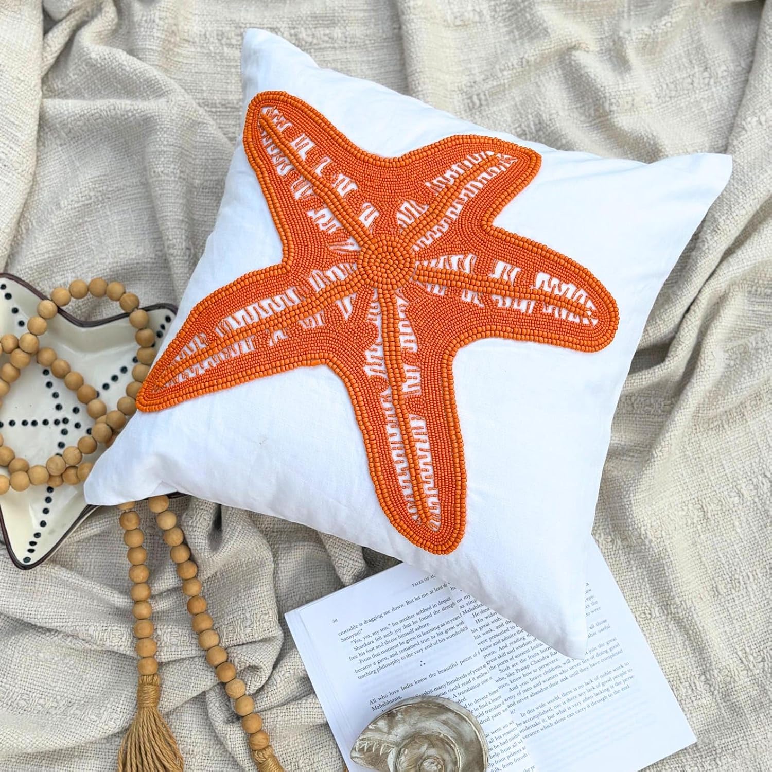 The HomeCentric White Accent Pillow, Beaded Orange Starfish Nautical Ocean Beach Theme Pillow Cover, 14x14 inch (35x35 cm) Throw Pillow Cover, Linen Floral Mediterranean, Sea - Starfish Makeover