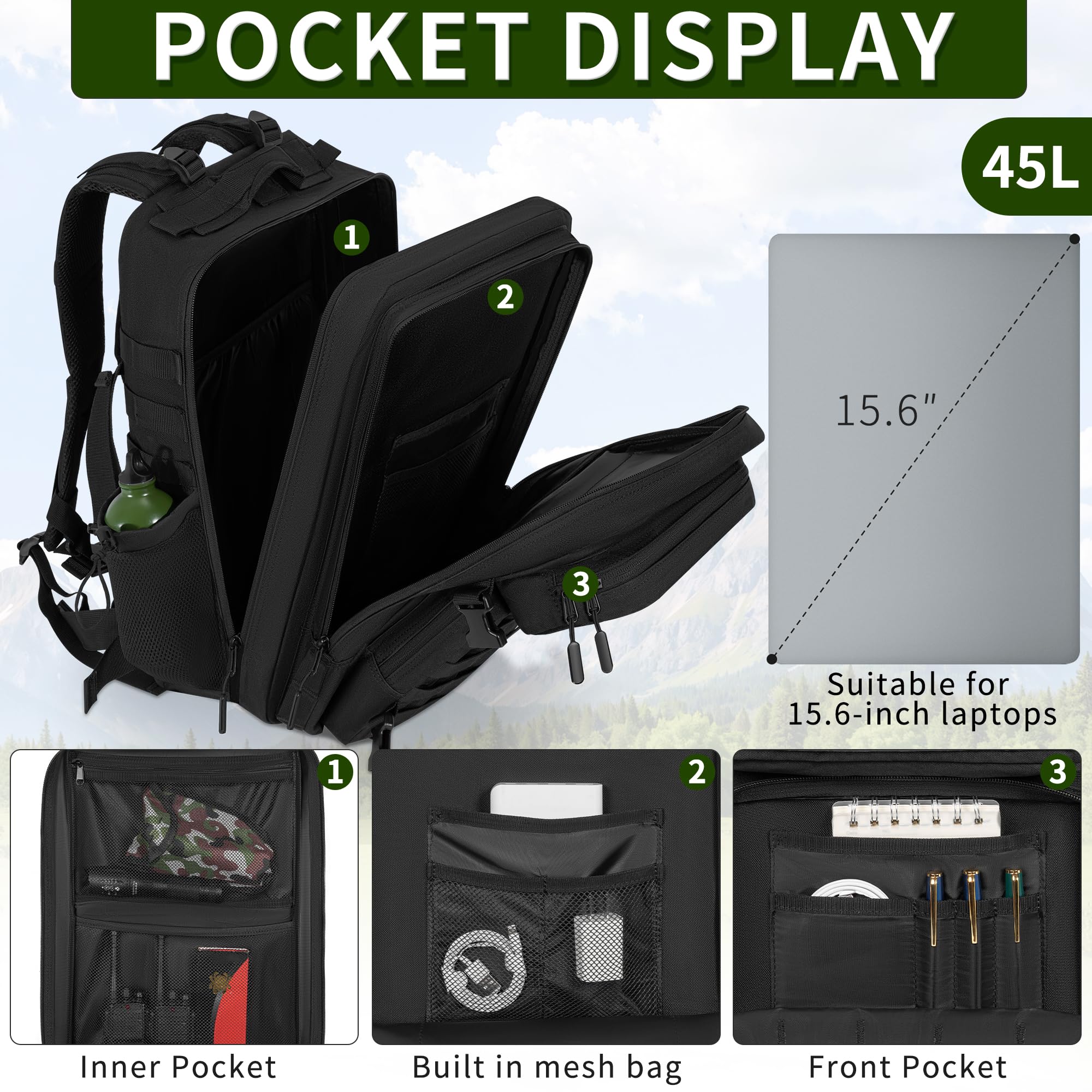 OUUTMEE 50L Sac à Dos Tactique Militaire avec Système Molle, Imperméable, Grande Capacité pour Randonnée Camping Voyages