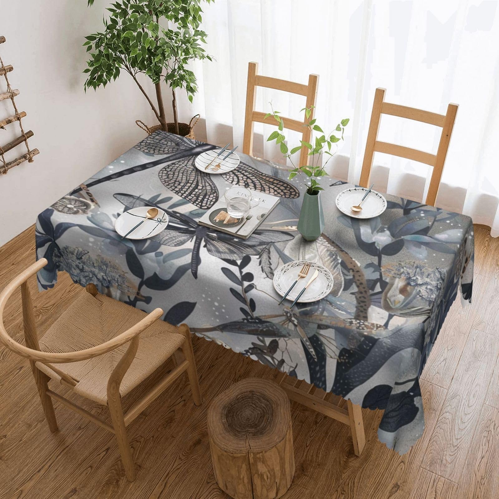 WPKJU Dragonflies Grey Printed Rectangle Tablecloth 72x54 Inch with Lace Trim, Water-Resistant Washable Table Cover for Farmhouse Weddings, Outdoor Picnics & Holiday Dining