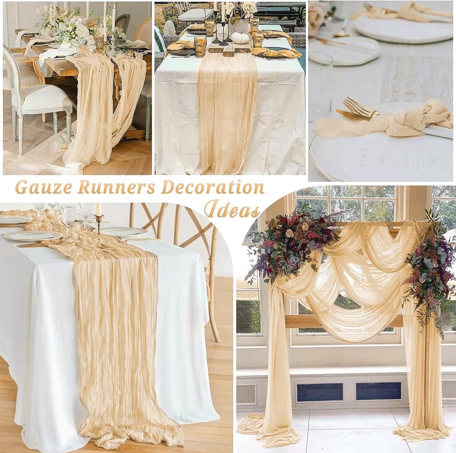 12 Pack Beige Cheesecloth Table Runner, 35x120 Inch Spring Easter Gauze Table Runners Cheese Cloth 10 FT Beige Table Runner for Wedding Baby Shower Birthday Party Table Decors