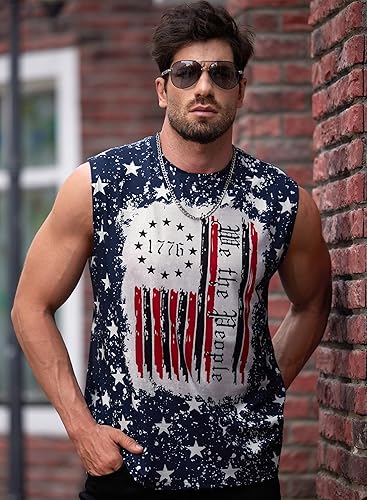 Vista 3 de Mainfini Camiseta sin mangas con la bandera estadounidense para hombre, camiseta sin mangas con gráficos musculares para gimnasio (S-3XL)