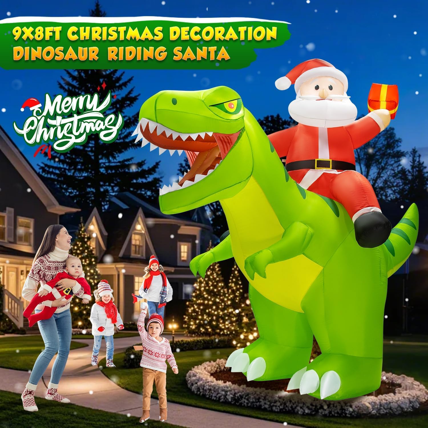 9x8FT Christmas Inflatables Decoration Outdoor Santa Riding Giant Dinosaur Christmas Blow Up Yard Decoration Blowups Dino Built-in LED Lights for Holiday Party Xmas New Year