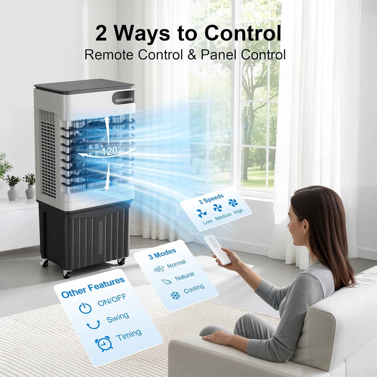 MEPTY 3600CFM Swamp Cooler, Evaporative Air Cooler with 13.5 Gallon Water Tank, 4 Ice Packs, 3 Speeds &Modes, 12H Timer, 120°Oscillation, Remote, Portable Cooler Fan for Garage, Outdoor, Patio