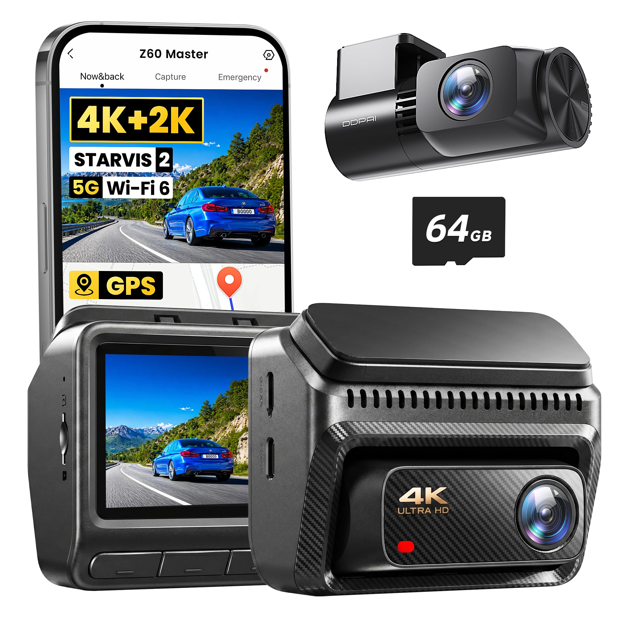 DDPAI Z60 Master 4K+2K Dash CAM Coche, STARVIS2 IMX678, HDR Dual Dashcam, Incluye Tarjeta de 64GB, 5G WiFi6, 2K/60FPS, GPS, 3" IPS, Visión Nocturna IA ISP, Modo Aparcamiento 24h, ADAS, 4G Disponible