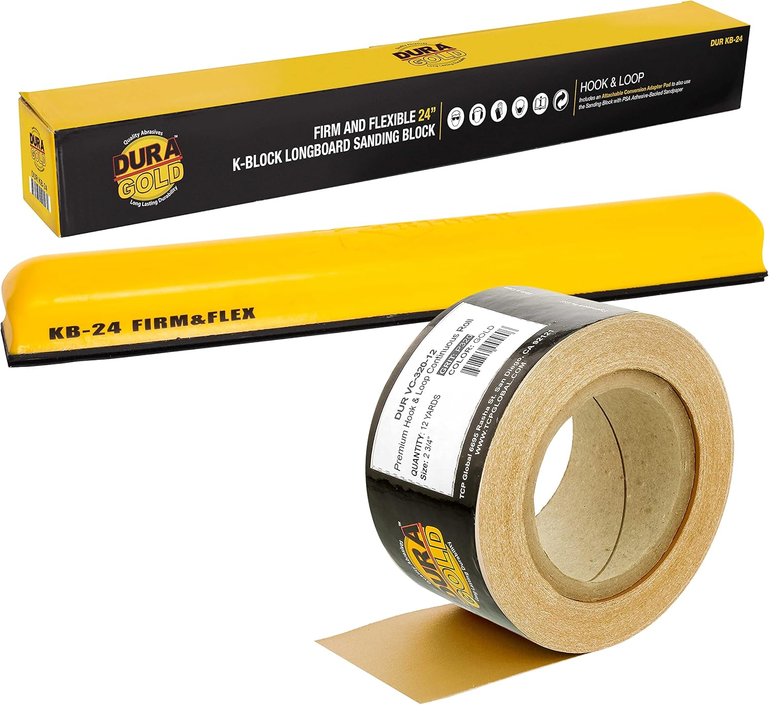 Dura-Gold Pro Series 24" K-Block Sander Firm & Flex XL Longboard Hand Sanding Block Pad with Hook & Loop Backing and PSA Adapter Pad & 320 Grit Sandpaper Roll