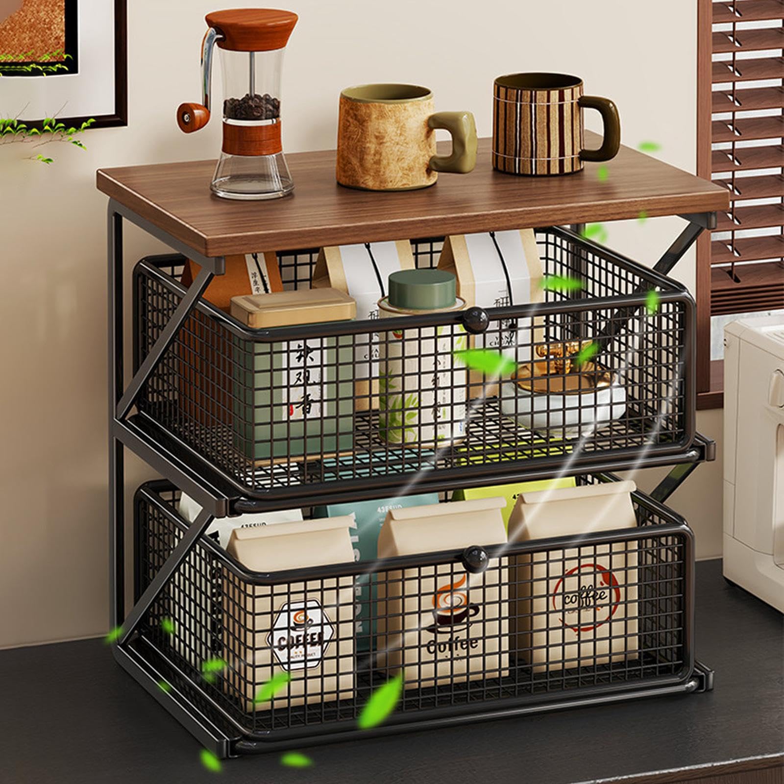 Organizer Multifunktionale Ablage mit Schubladen Und Fächern Aus für Kaffeezubehör Becher Snacks für Schreibtisch Küche Apart, Black S