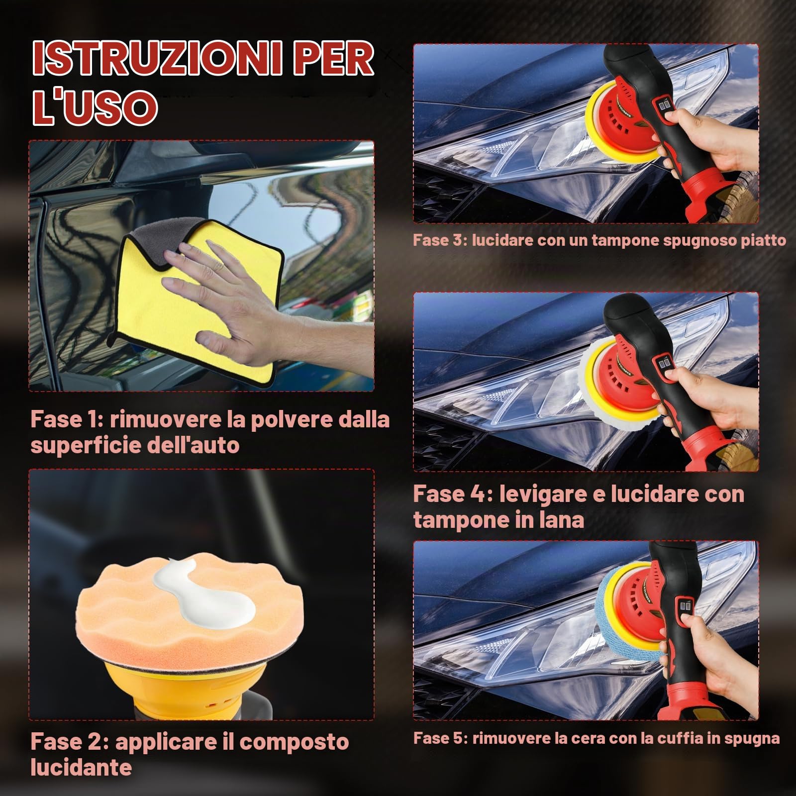 Milwaukee 18 V - Lucidatrice a buffer wireless compatibile con batteria a 8 velocità variabili, lucidatrice orbitale da 6 pollici, kit di cera per cera per auto (rosso)