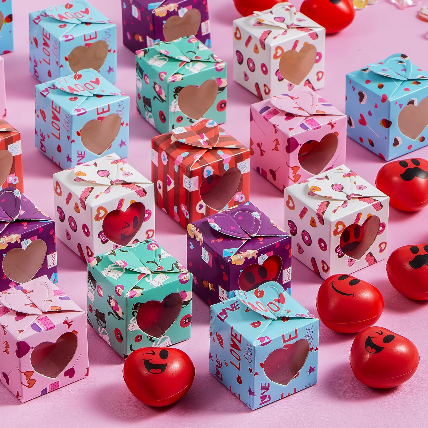 JOYIN 28 Packs Valentine Heart Stress Balls Smile Face Squishy Toys with Valentine Themed Gift Box, Face Foam Stress Relief Balls for Valentine Party Favors, Classroom Exchange, Game Reward