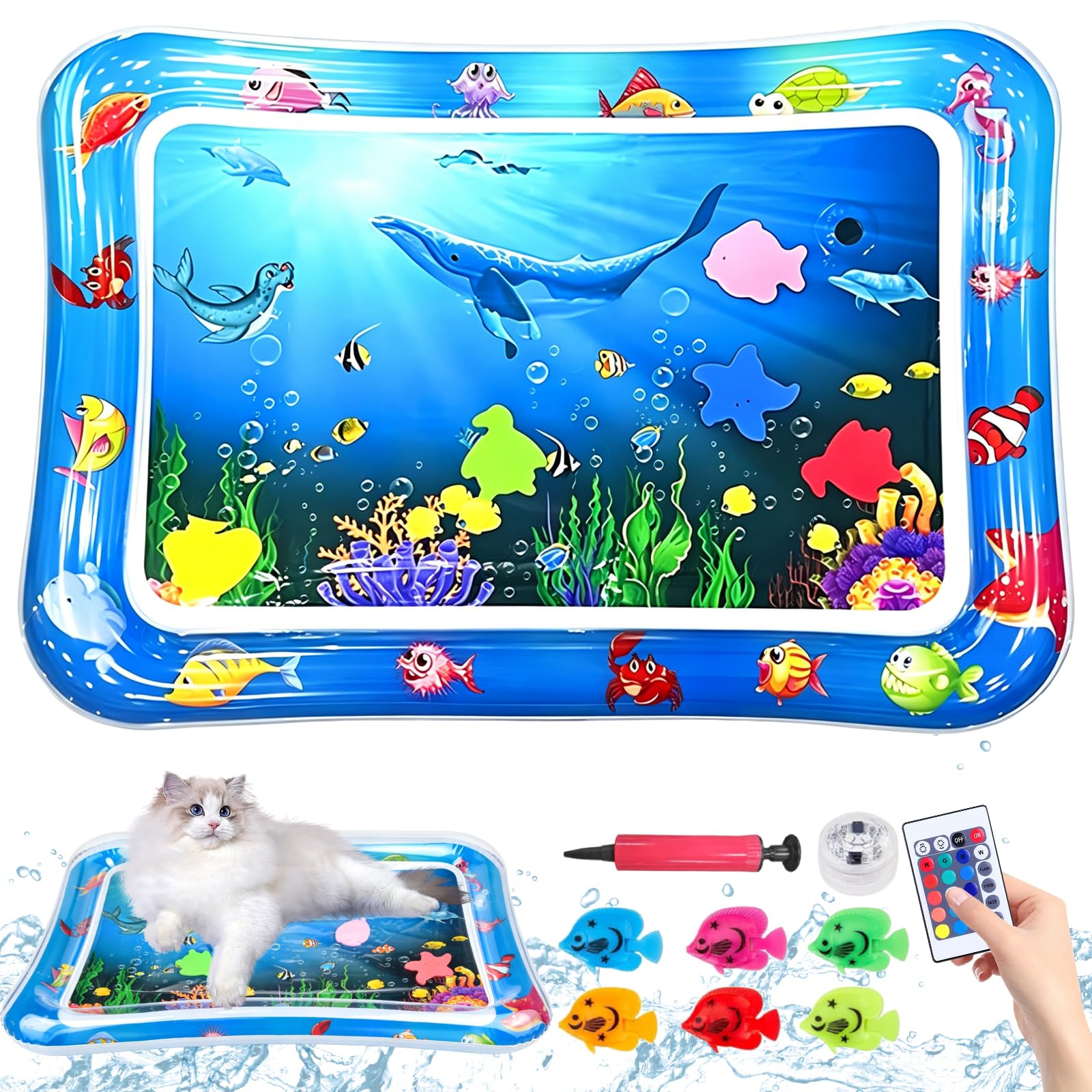Thickened Cat Water Mat, Water Play Sensory Mats, Inflatable Cool Comfort Water Sensor Play Mat with Floating Fish, Interactive Sensory Cats Toys for Indoor Outdoor Activity(69 x 50cm)