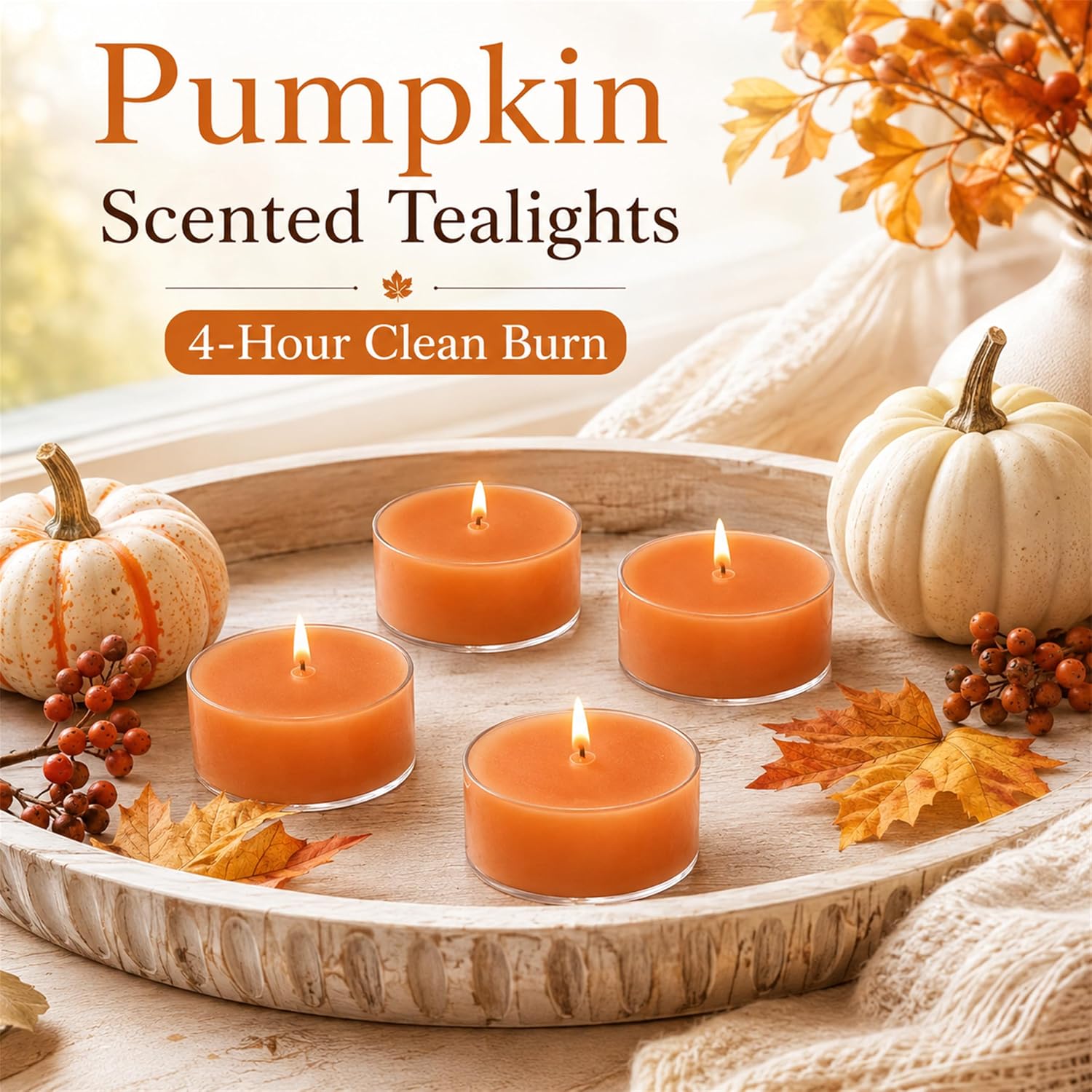 Pumpkin Scented Tea Light Candles, 24 Pack, Soy Wax for Fall and Home Decor