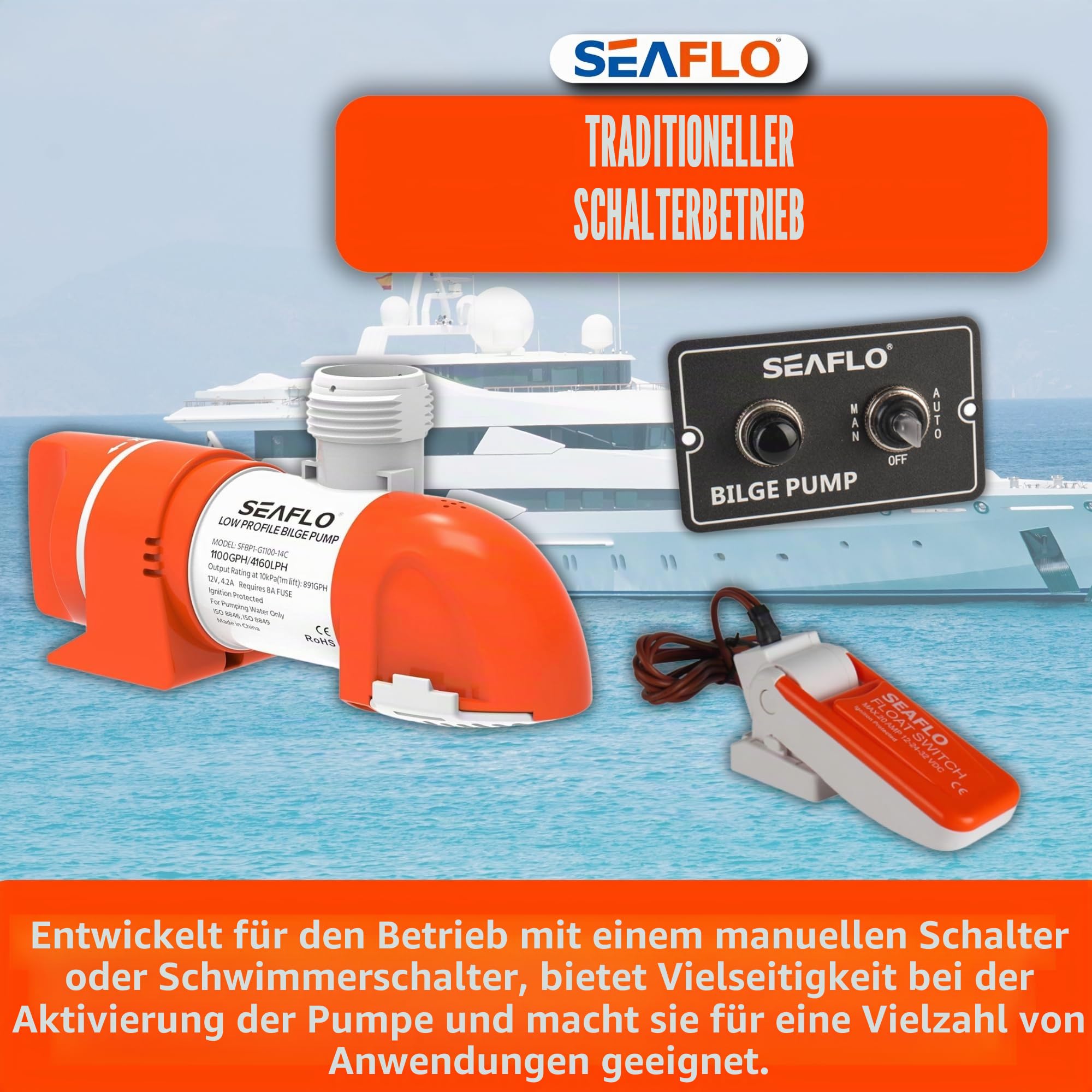 SEAFLO 14C Serie, 12 V, 1100 GPH, nicht-automatische Bilgenpumpe mit niedrigem Profil, Rückschlagventil, Snap-Fit-Design, 360°-Installation, 4 Jahre Garantie für Marine, Boot, Yacht