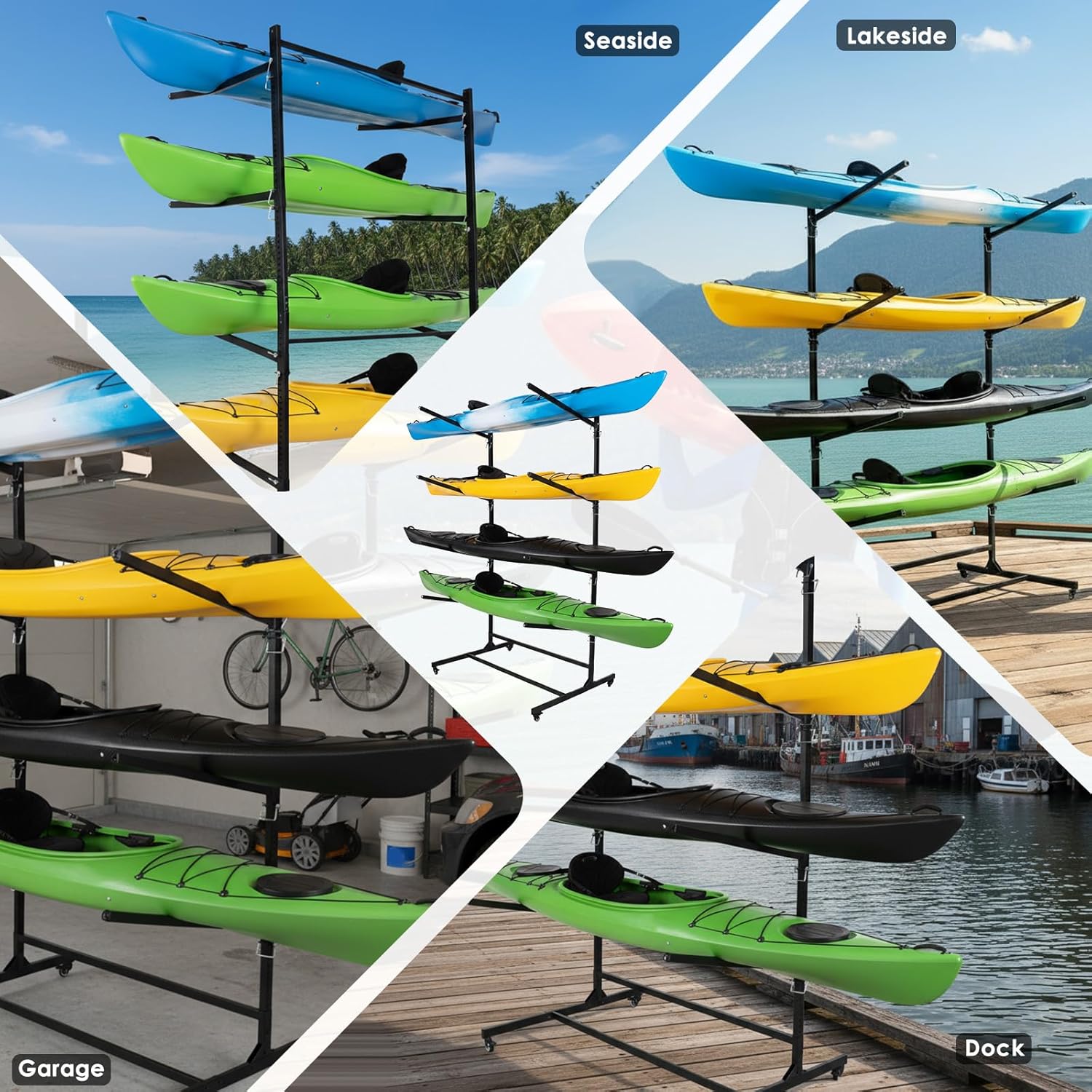 4-Tier Kayaks Storage Rack Rust-Proof Steel Frame Stand Up Paddle Board Holder W/Swappable Wheels & Feet for Garage Dock Or Seaside Use